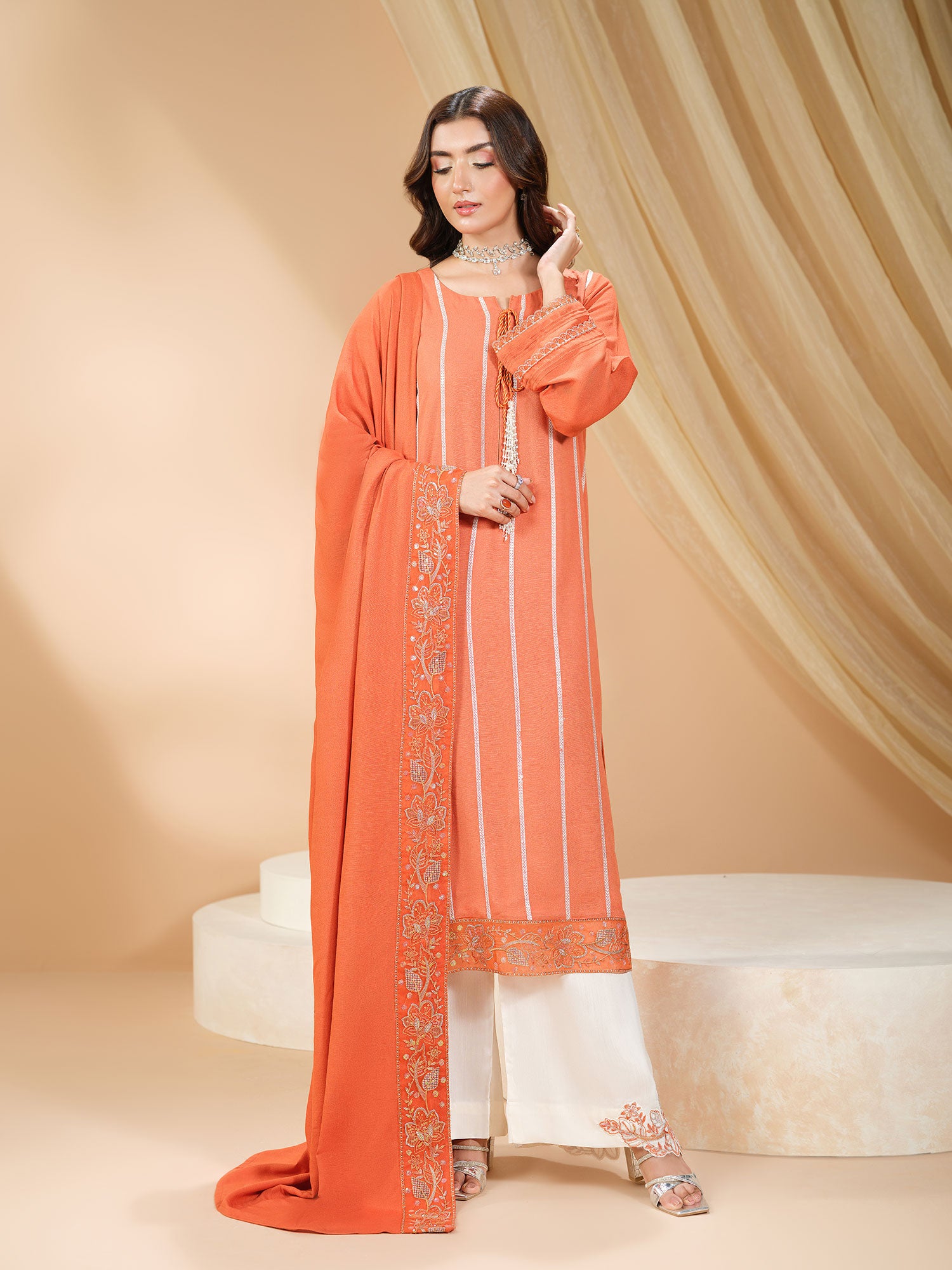Heera's Embroidered Dhanak 3-Piece Suit - Burnt Saffron
