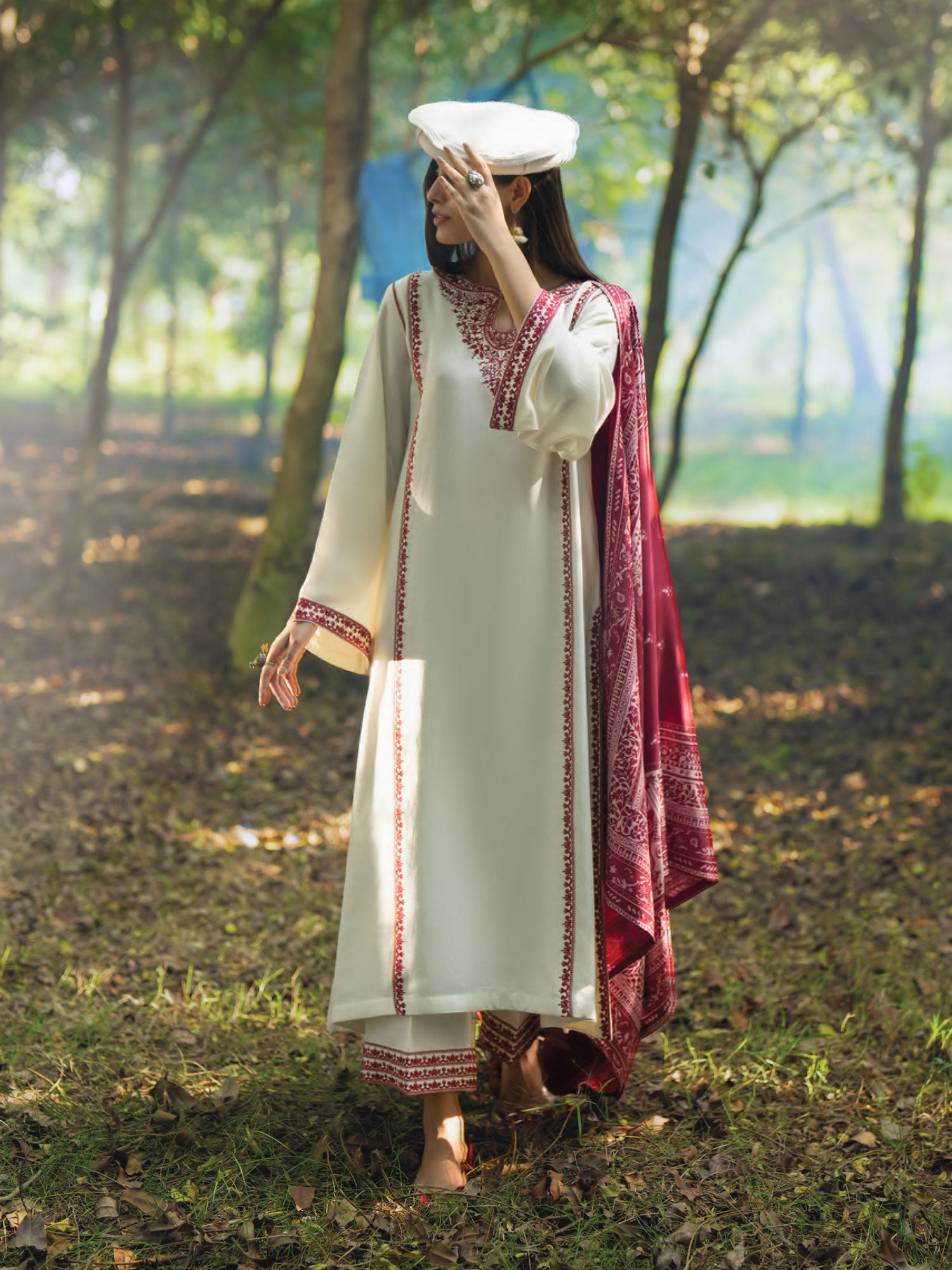 Casual Lite Winter Dhanak Suit with Pashmina Shawl - Ivory