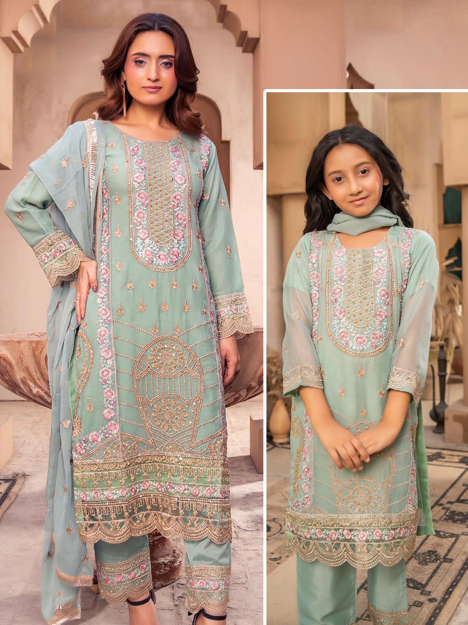 Rangz Chiffon Mother-Daughter Embroidered 3-Piece Suit - Sea Green