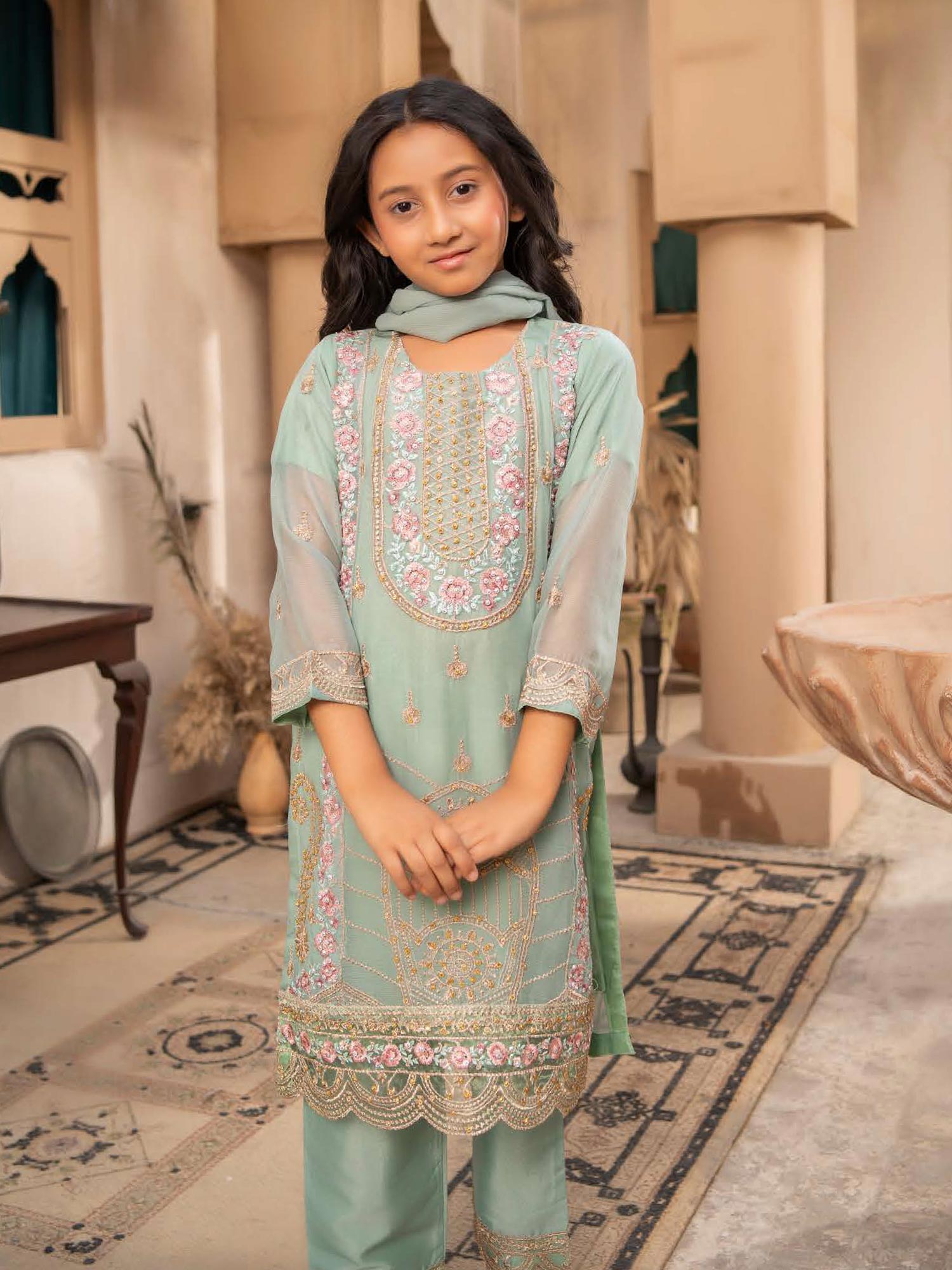 Rangz Chiffon Mother-Daughter Embroidered 3-Piece Suit - Sea Green
