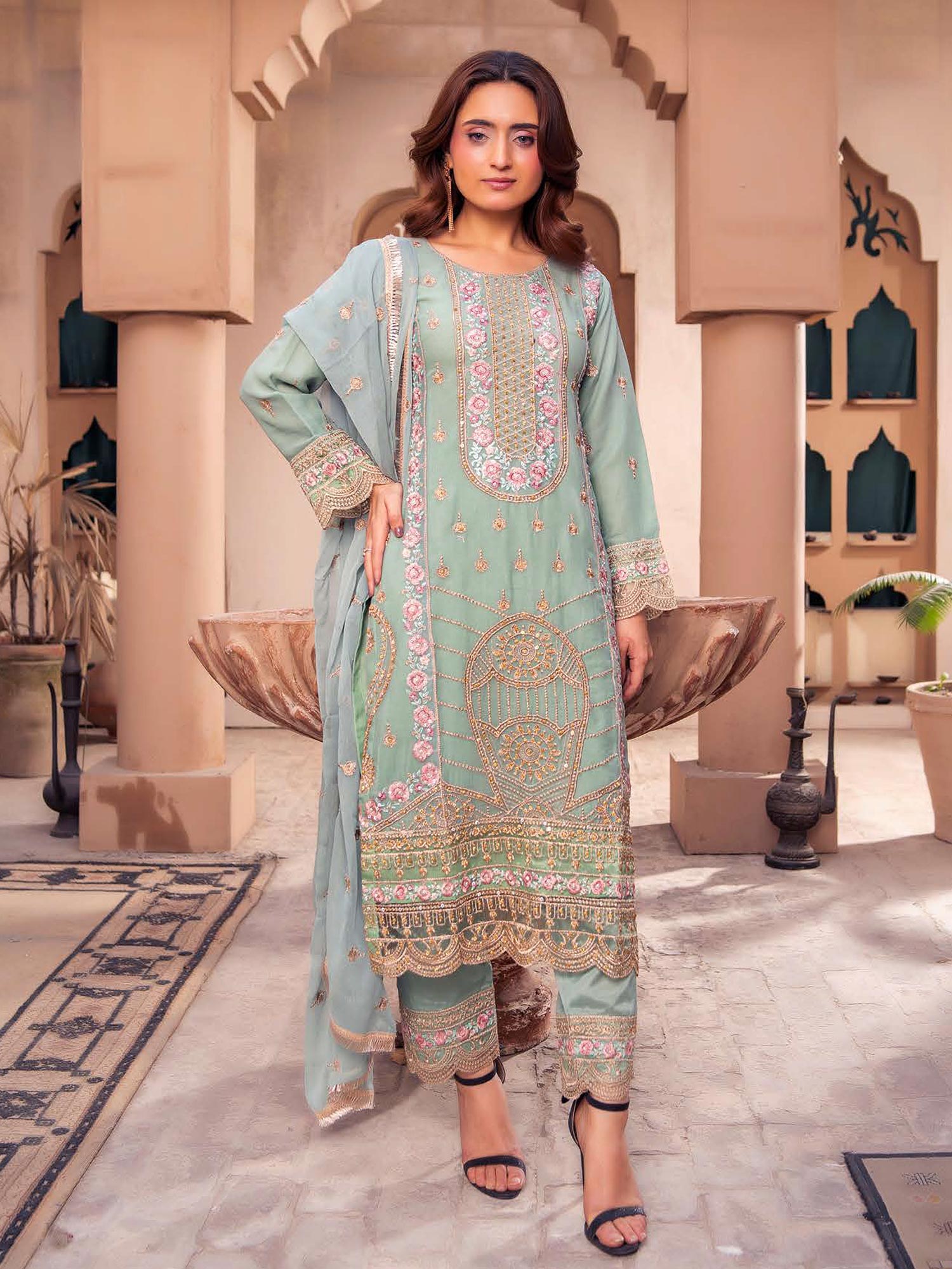 Rangz Chiffon Mother-Daughter Embroidered 3-Piece Suit - Sea Green