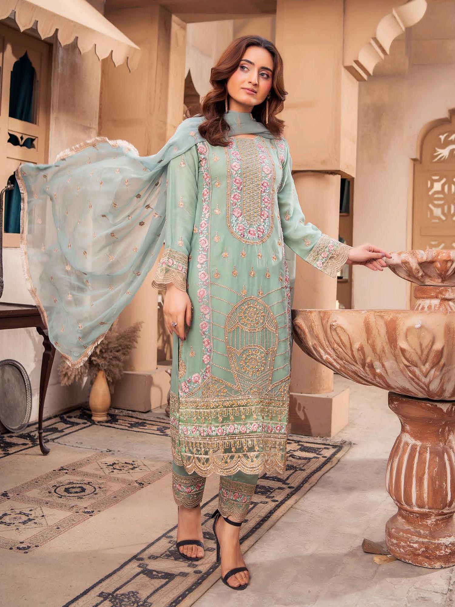 Rangz Chiffon Mother-Daughter Embroidered 3-Piece Suit - Sea Green