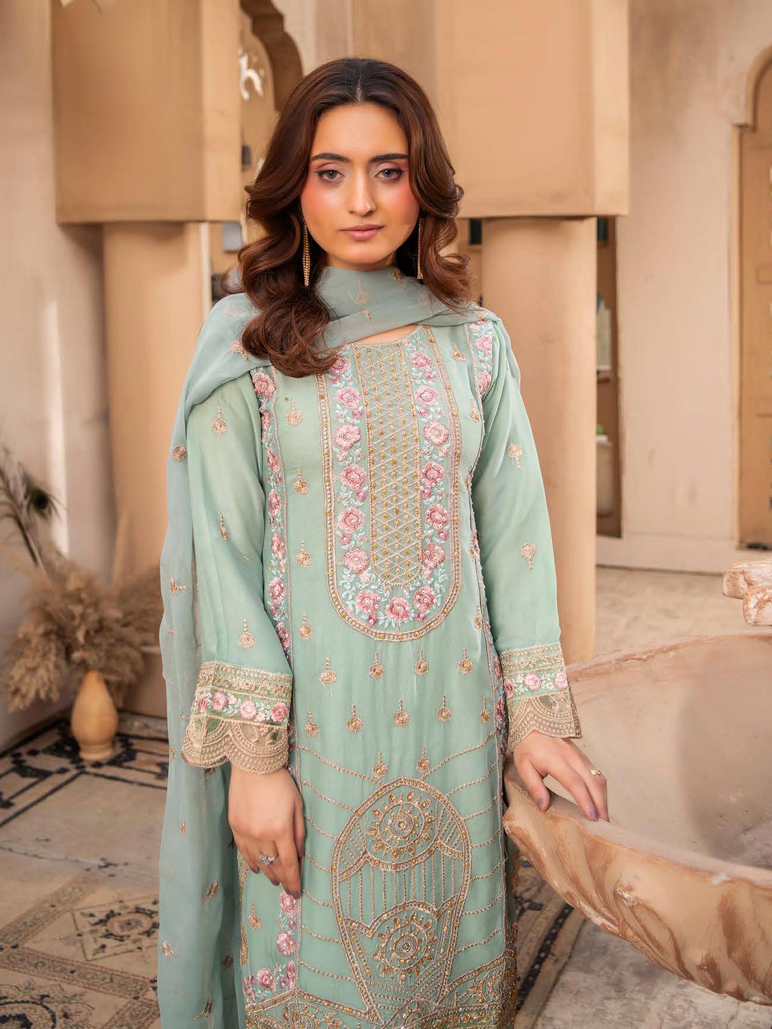 Rangz Chiffon Mother-Daughter Embroidered 3-Piece Suit - Sea Green