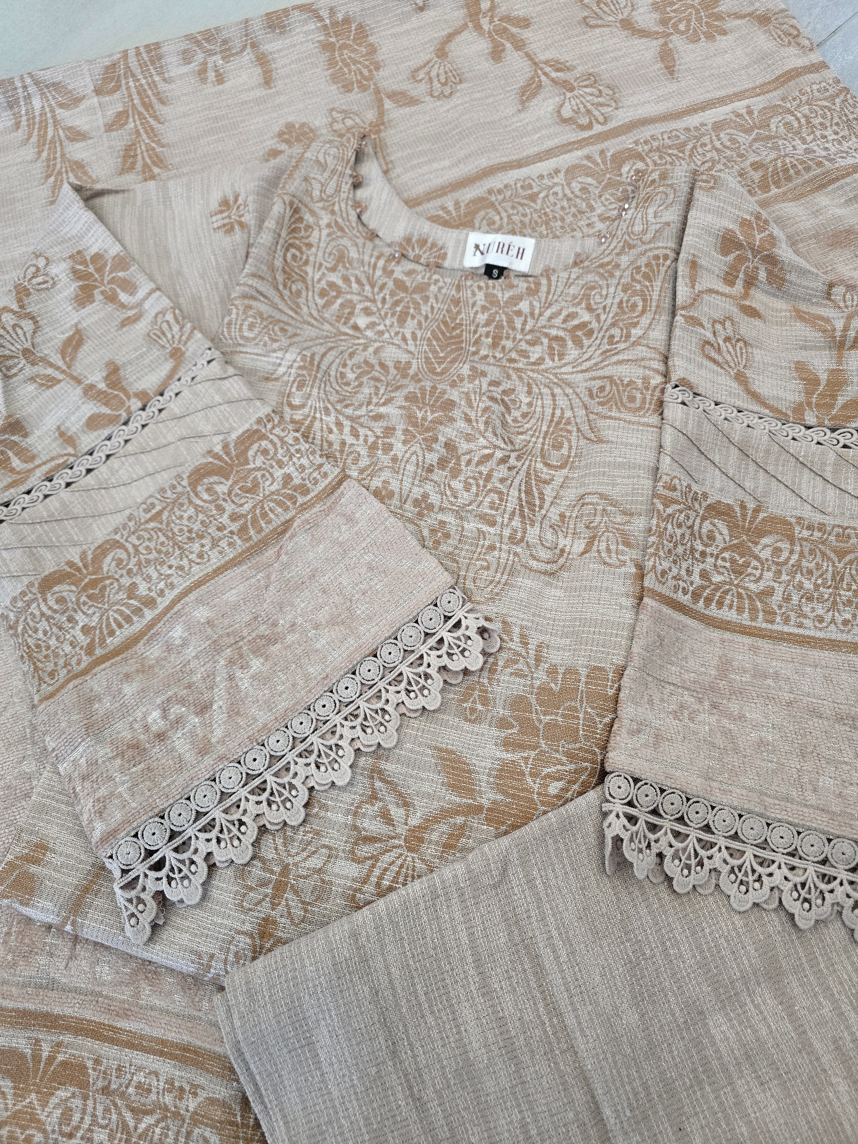 Nureh Winter Leather-Peach Super Jacquard Velvet - Off-White