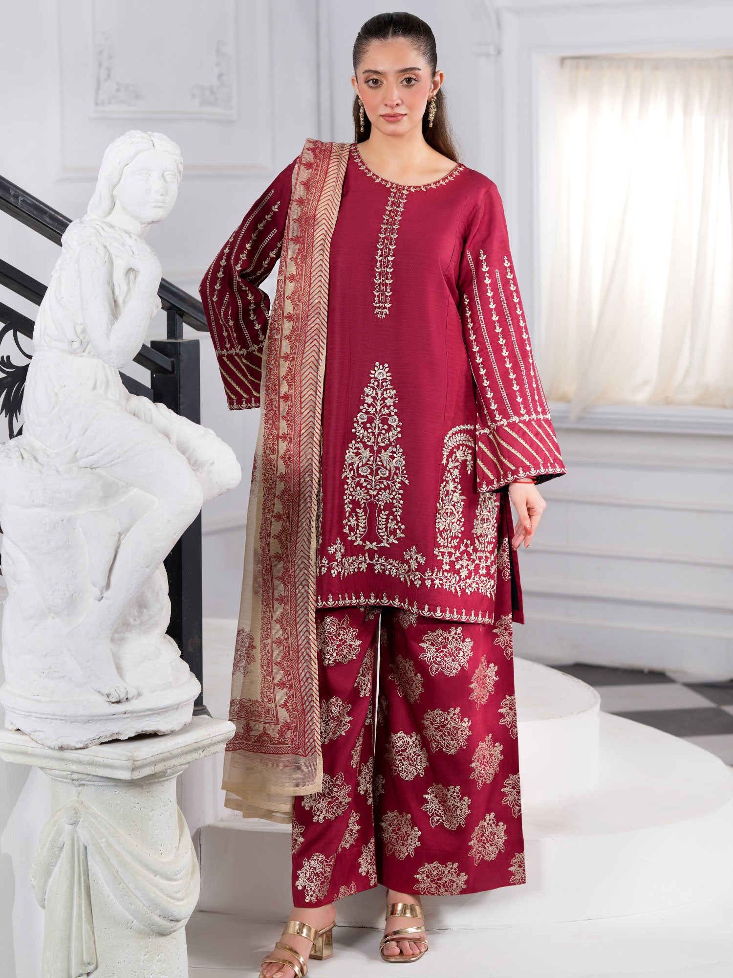 Heera's Embroidered Viscose 3-Piece Suit - Vintage Ruby
