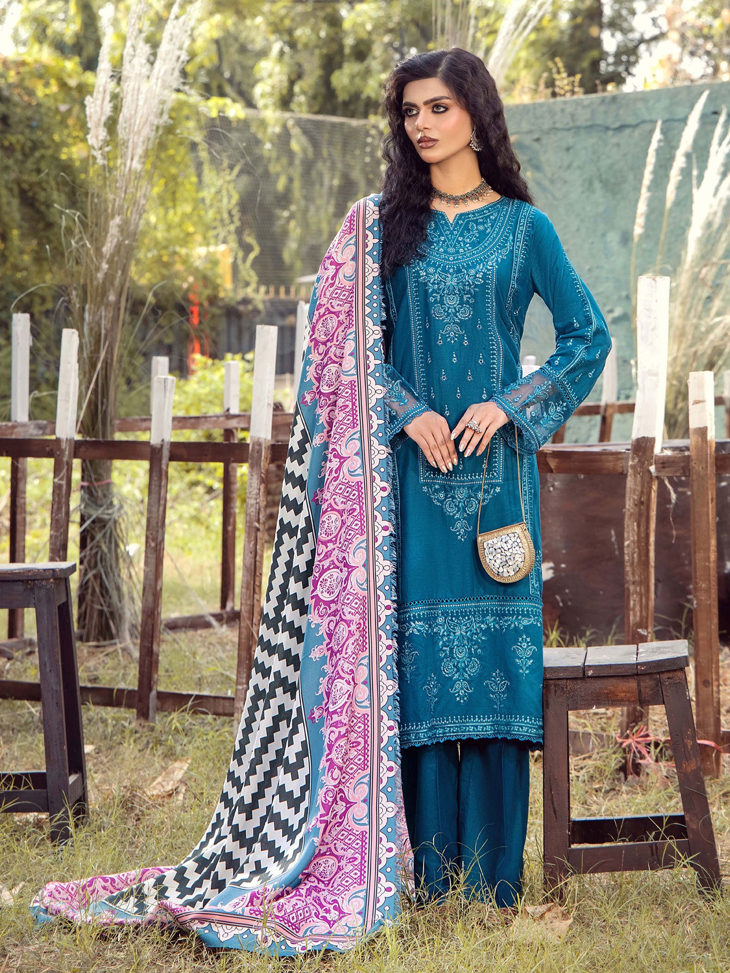 Adan's Libas Embroidered Linen Suit with Wool Shawl - Teal