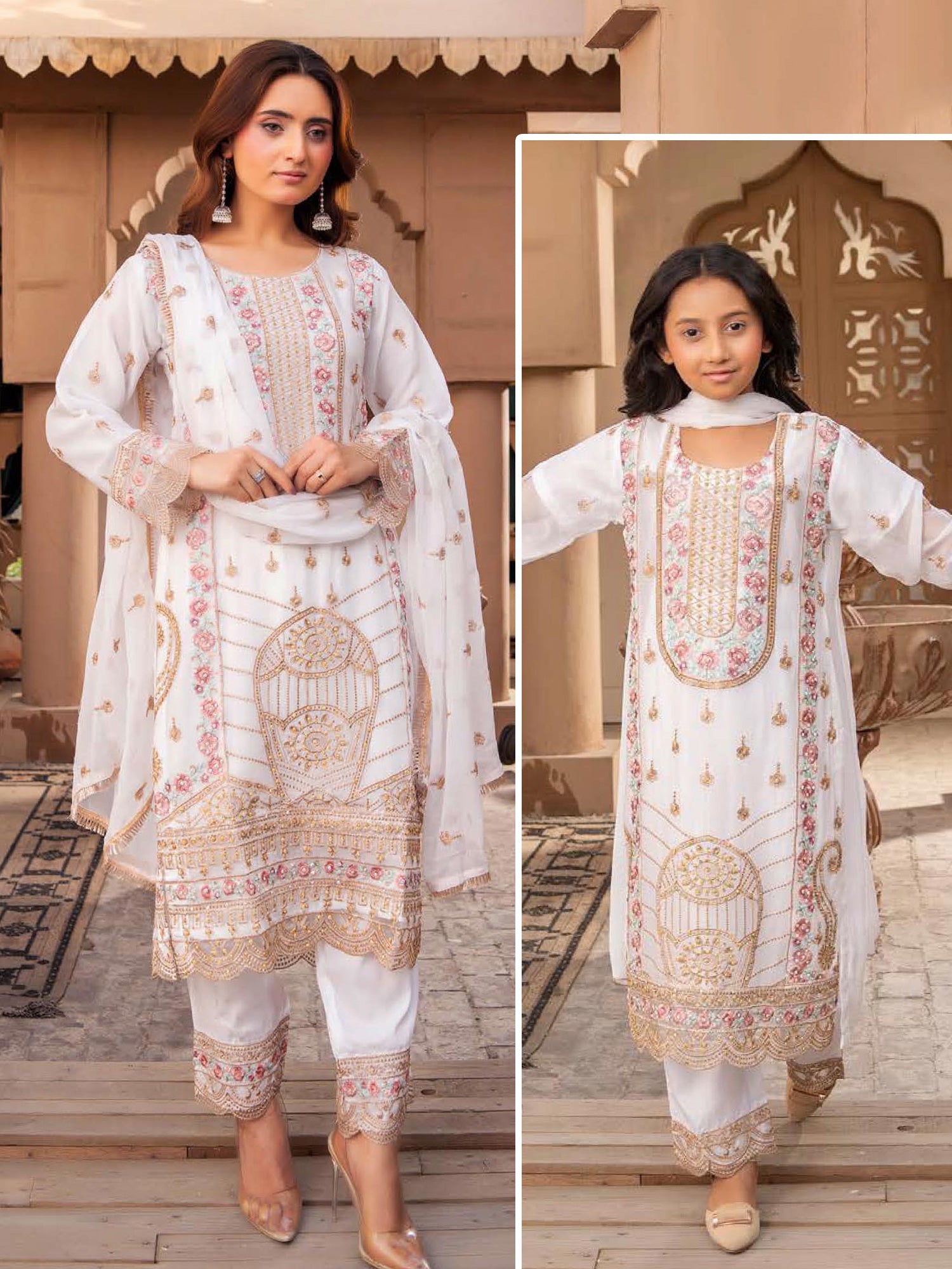 Rangz Chiffon Mother-Daughter Embroidered 3-Piece Suit - White