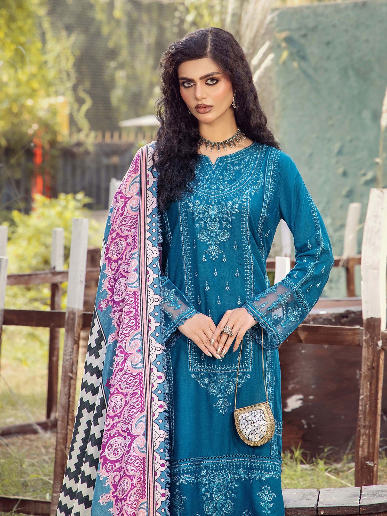 Adan's Libas Embroidered Linen Suit with Wool Shawl - Teal