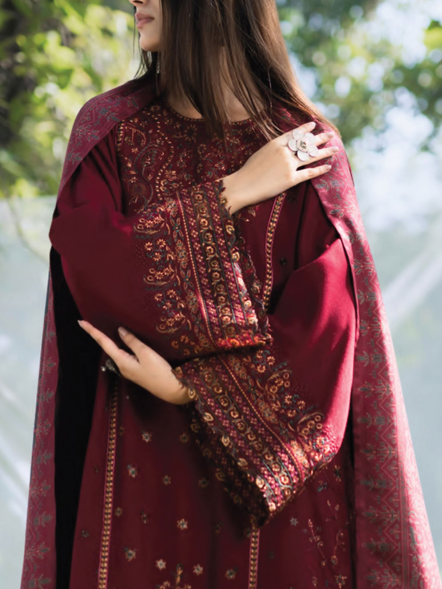 Casual Lite Winter Dhanak Suit with Pashmina Shawl - Dark Red