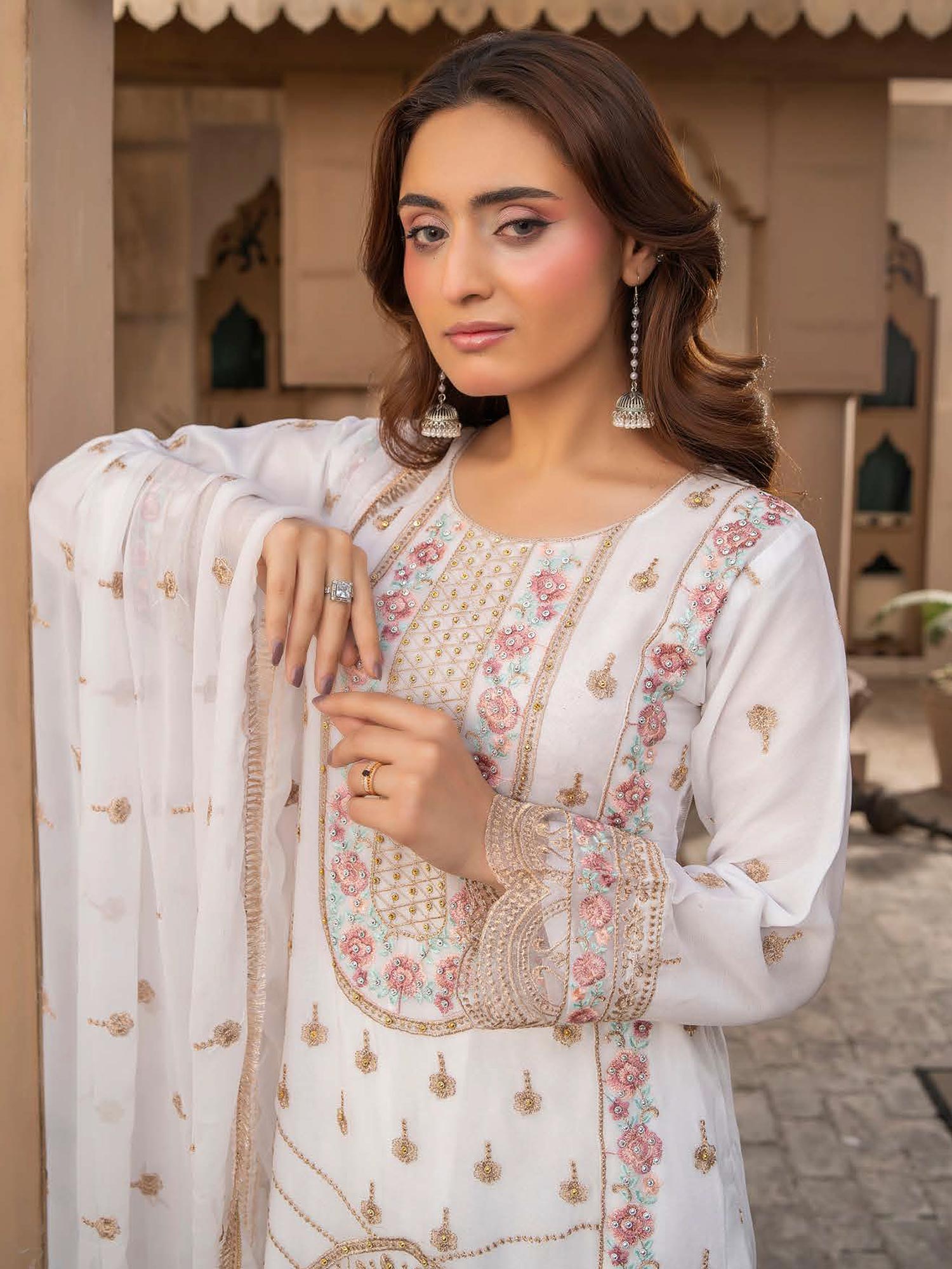 Rangz Chiffon Mother-Daughter Embroidered 3-Piece Suit - White