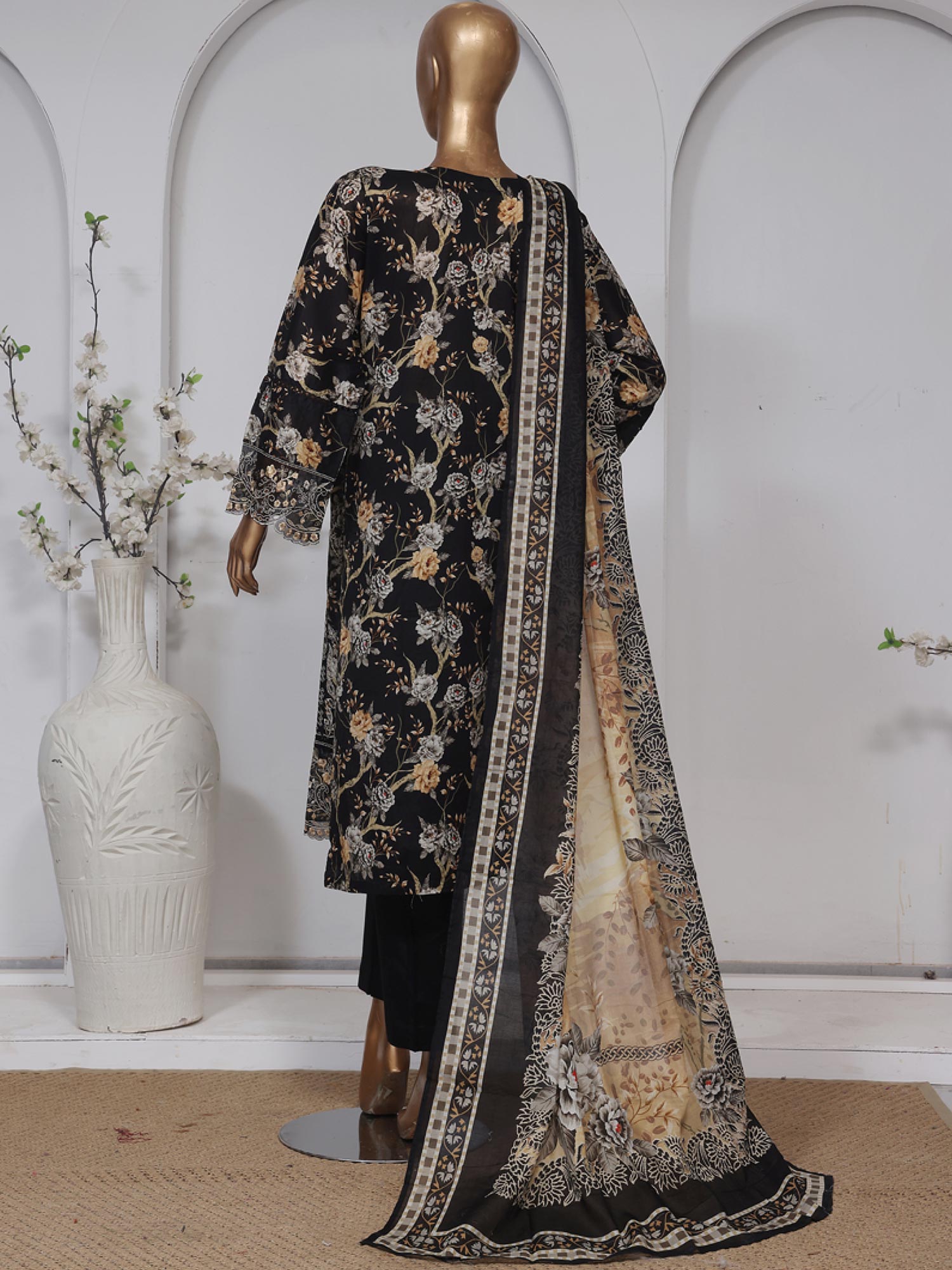 Bin Saeed Embroidered Premium Lawn 3-Piece Suit - Black