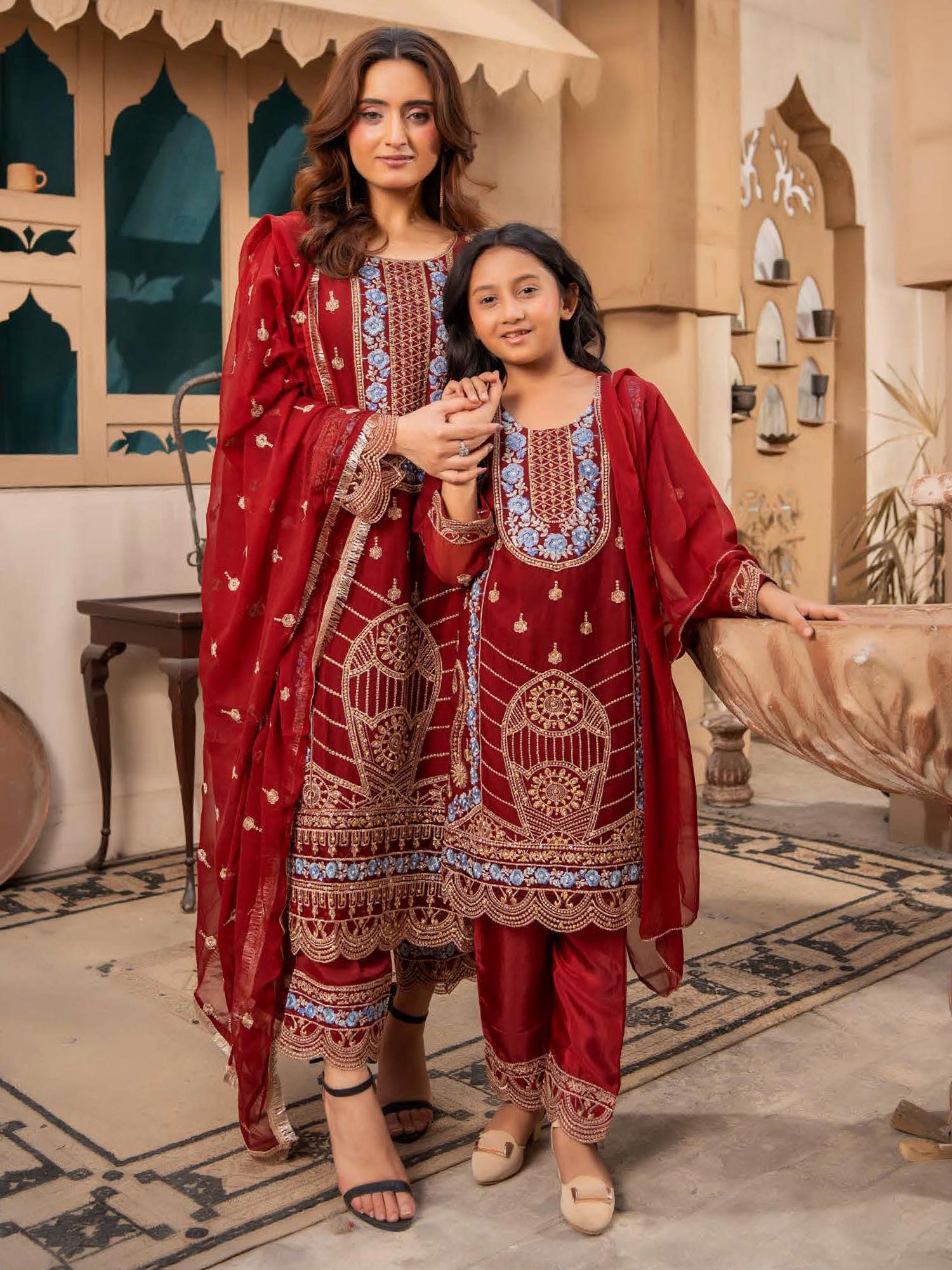 Rangz Chiffon Mother-Daughter Embroidered 3-Piece Suit - Dark Red