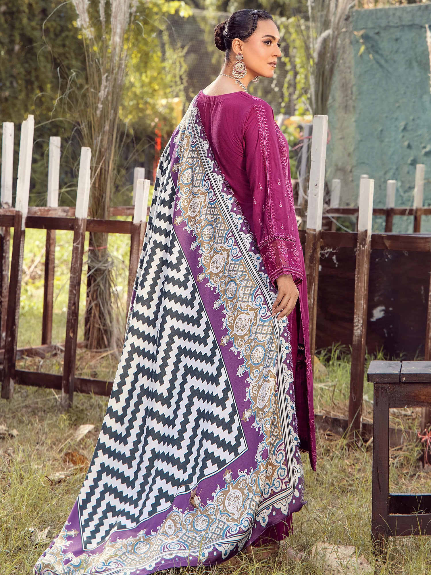 Adan's Libas Embroidered Linen Suit with Wool Shawl - Pink