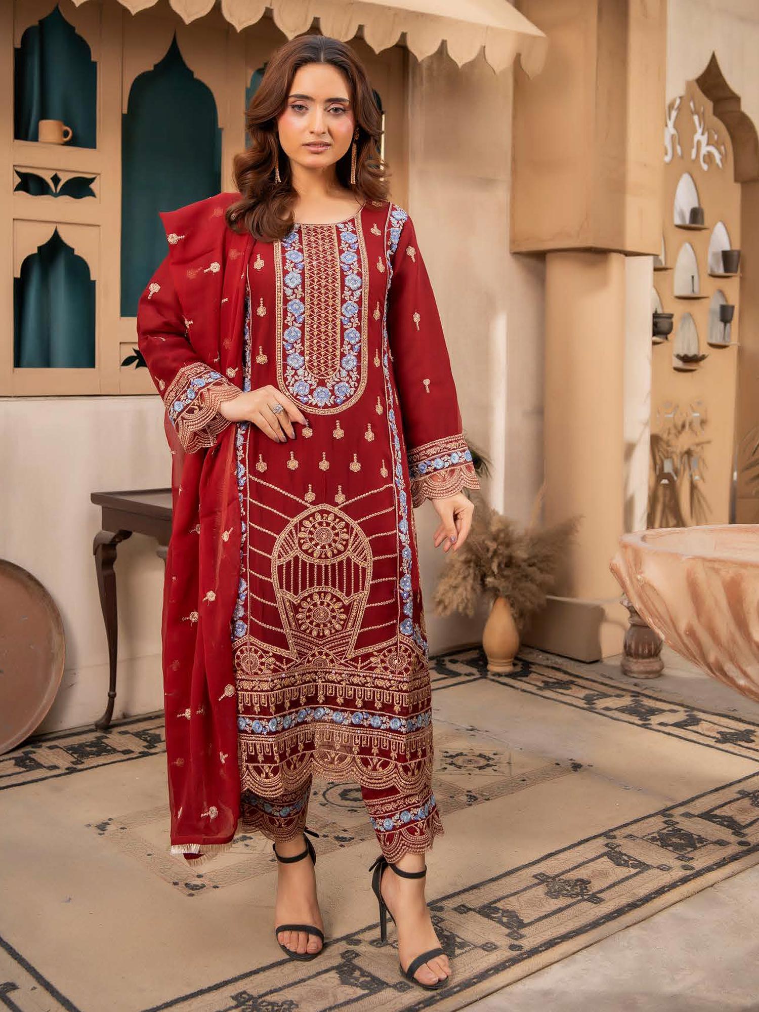 Rangz Chiffon Mother-Daughter Embroidered 3-Piece Suit - Dark Red