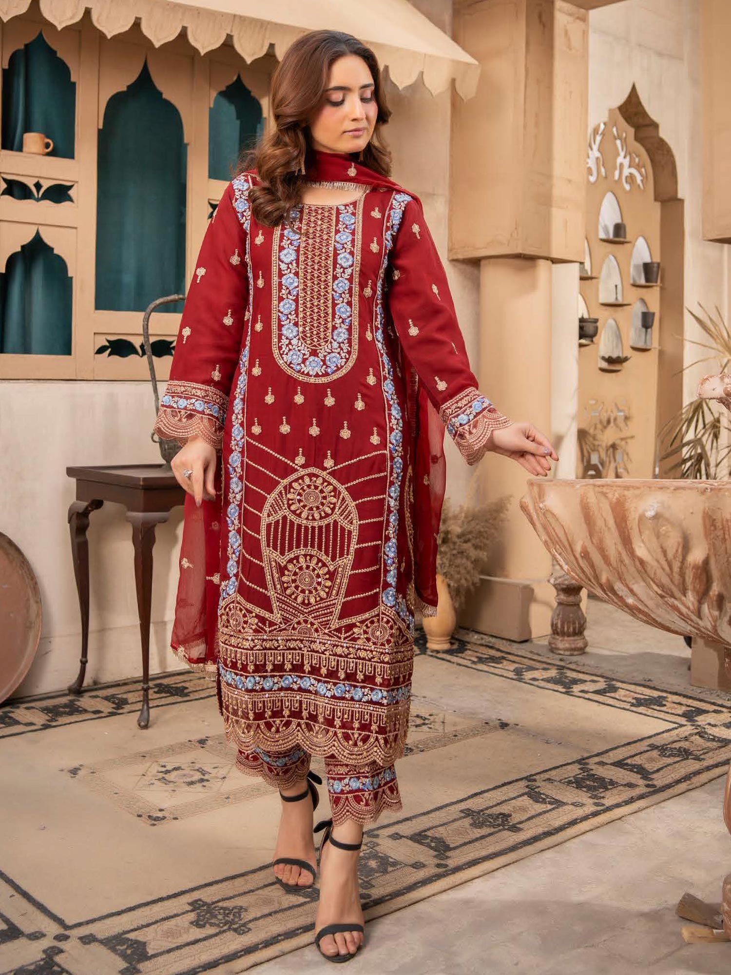 Rangz Chiffon Mother-Daughter Embroidered 3-Piece Suit - Dark Red