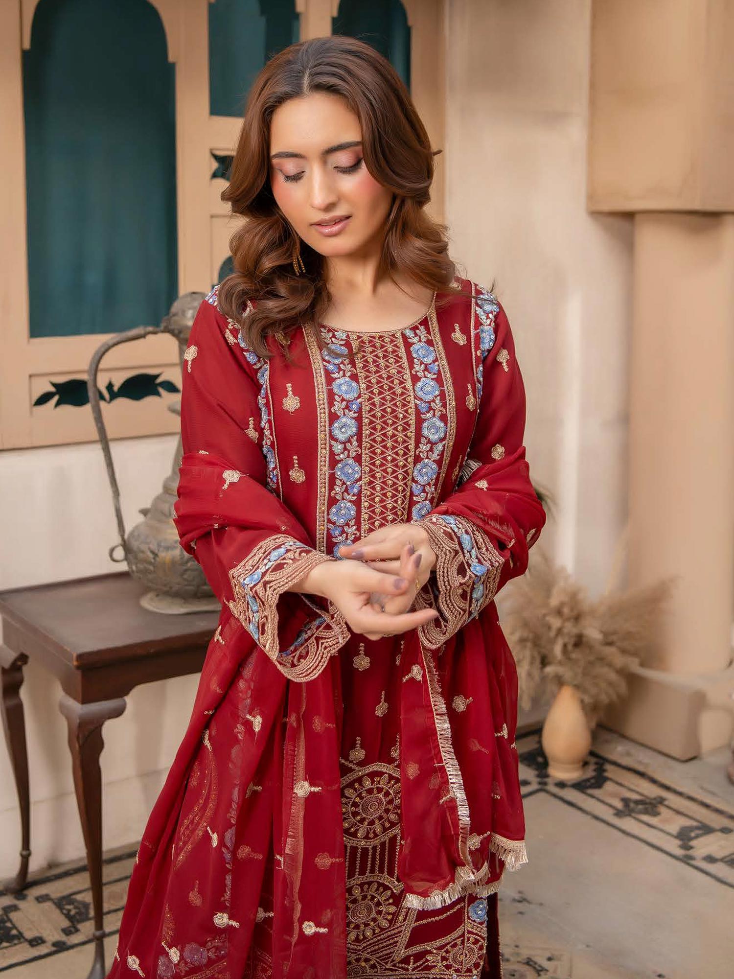Rangz Chiffon Mother-Daughter Embroidered 3-Piece Suit - Dark Red