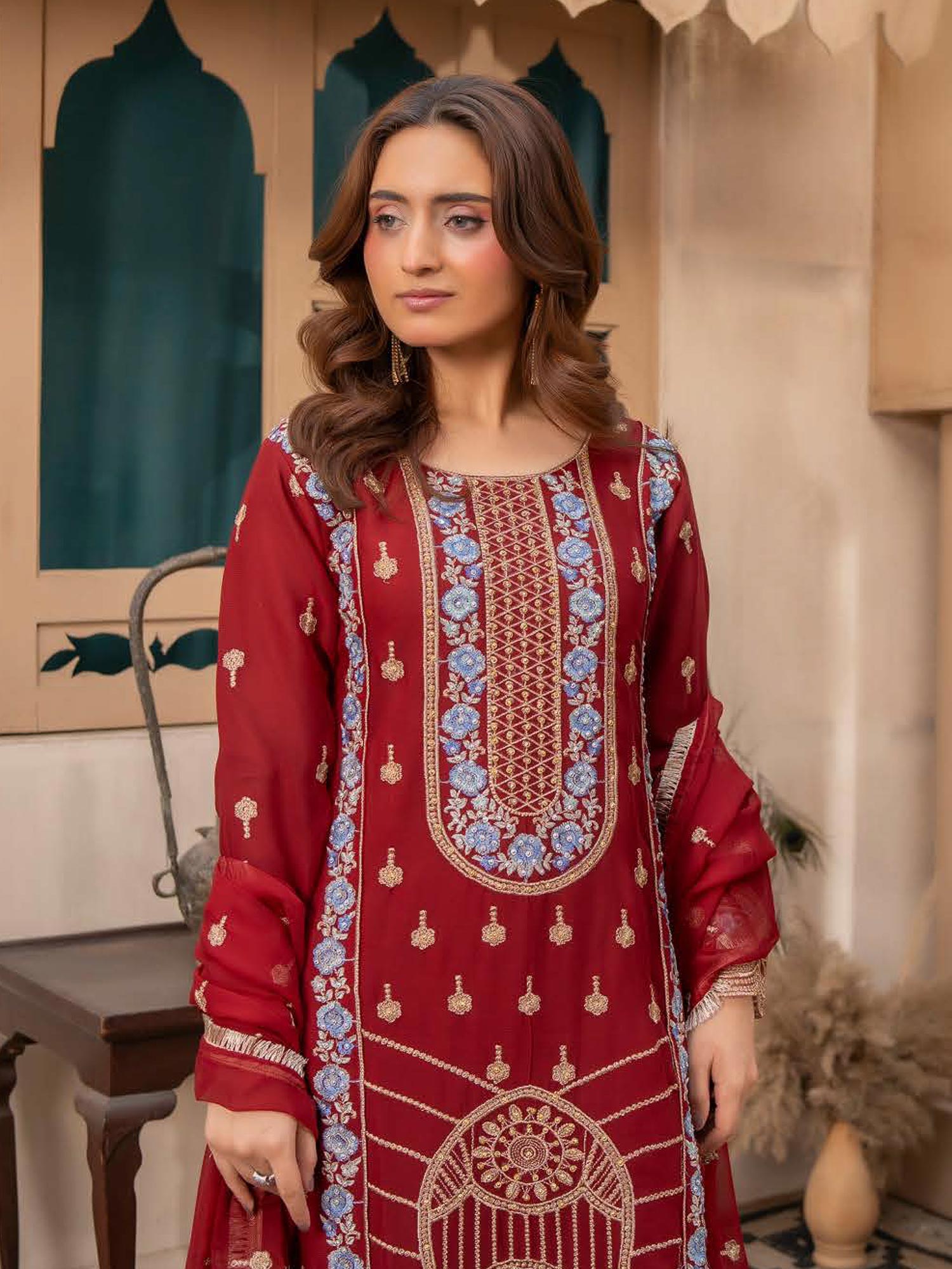 Rangz Chiffon Mother-Daughter Embroidered 3-Piece Suit - Dark Red