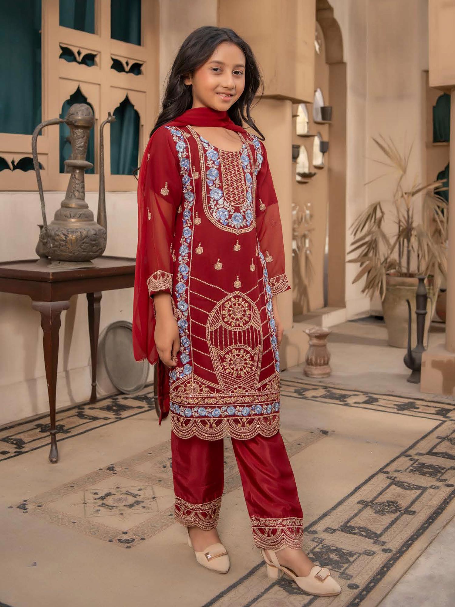Rangz Chiffon Mother-Daughter Embroidered 3-Piece Suit - Dark Red