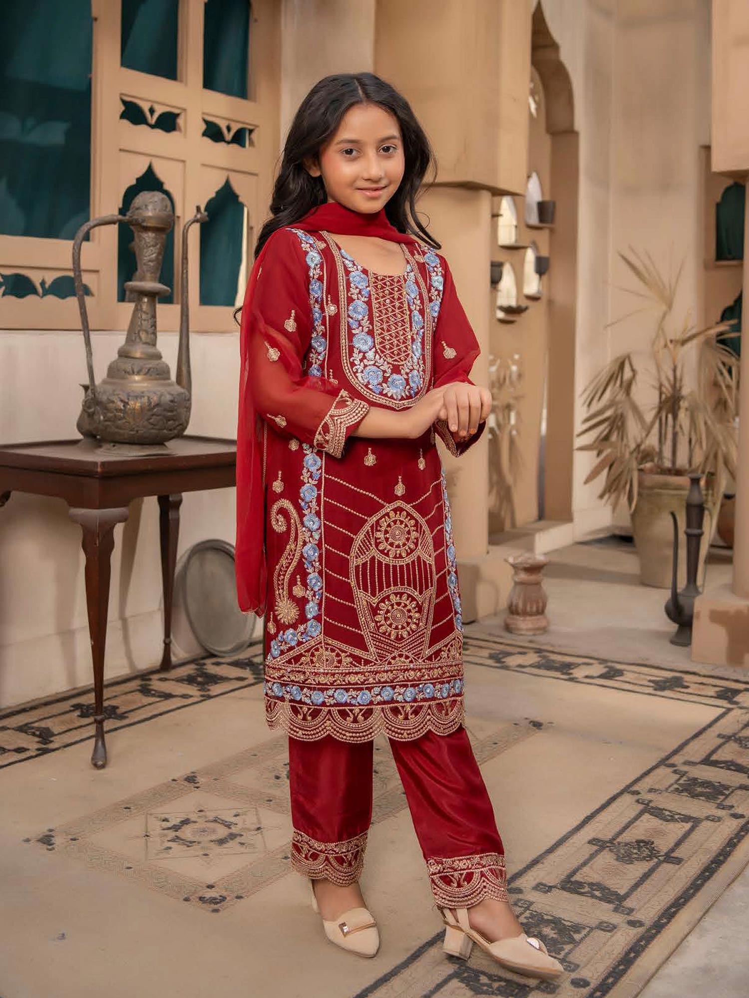 Rangz Chiffon Mother-Daughter Embroidered 3-Piece Suit - Dark Red
