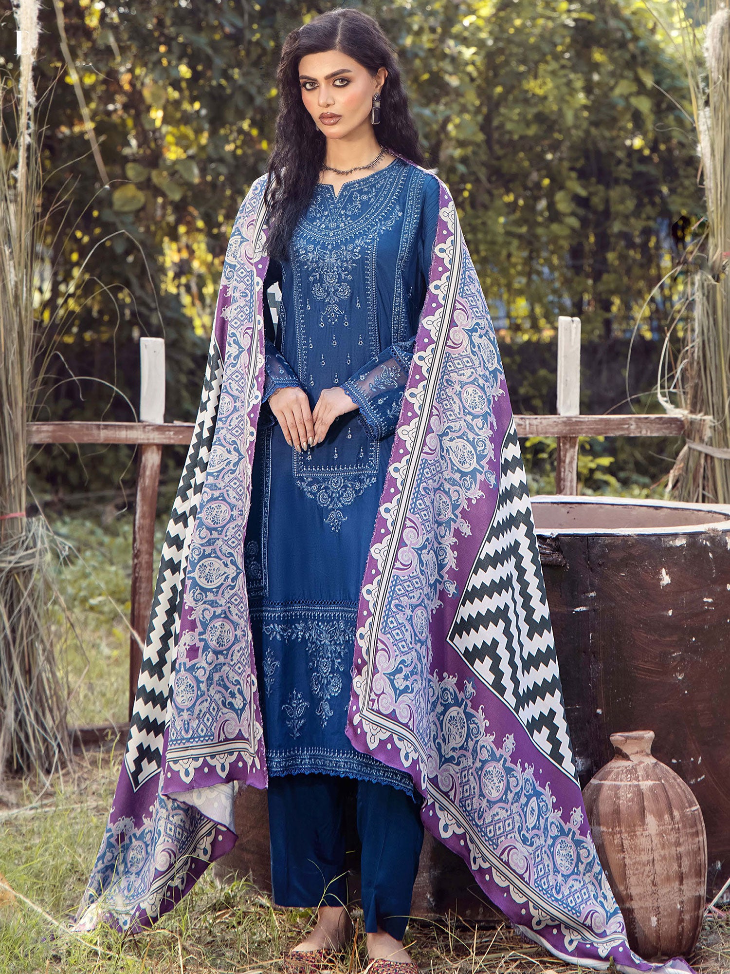 Adan's Libas Embroidered Linen Suit with Wool Shawl - Blue
