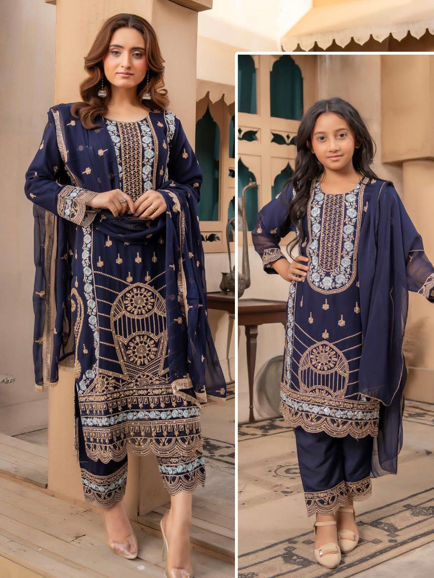 Rangz Chiffon Mother-Daughter Embroidered 3-Piece Suit - Navy Blue