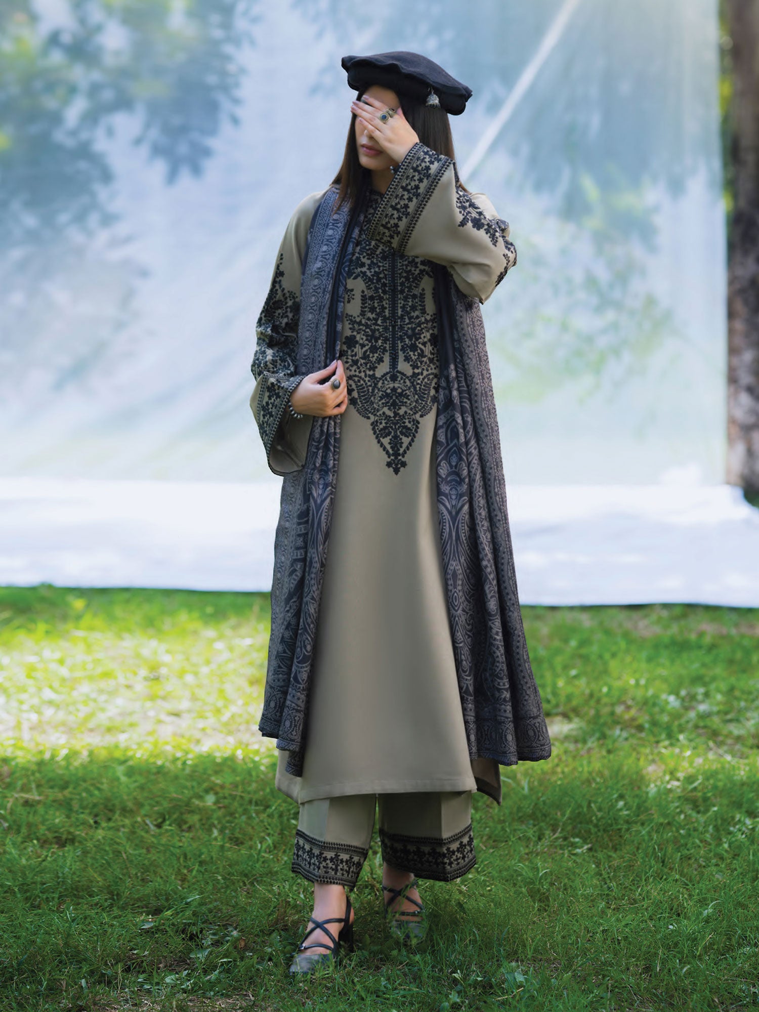 Casual Lite Winter Dhanak Suit with Pashmina Shawl - Sandy Beige