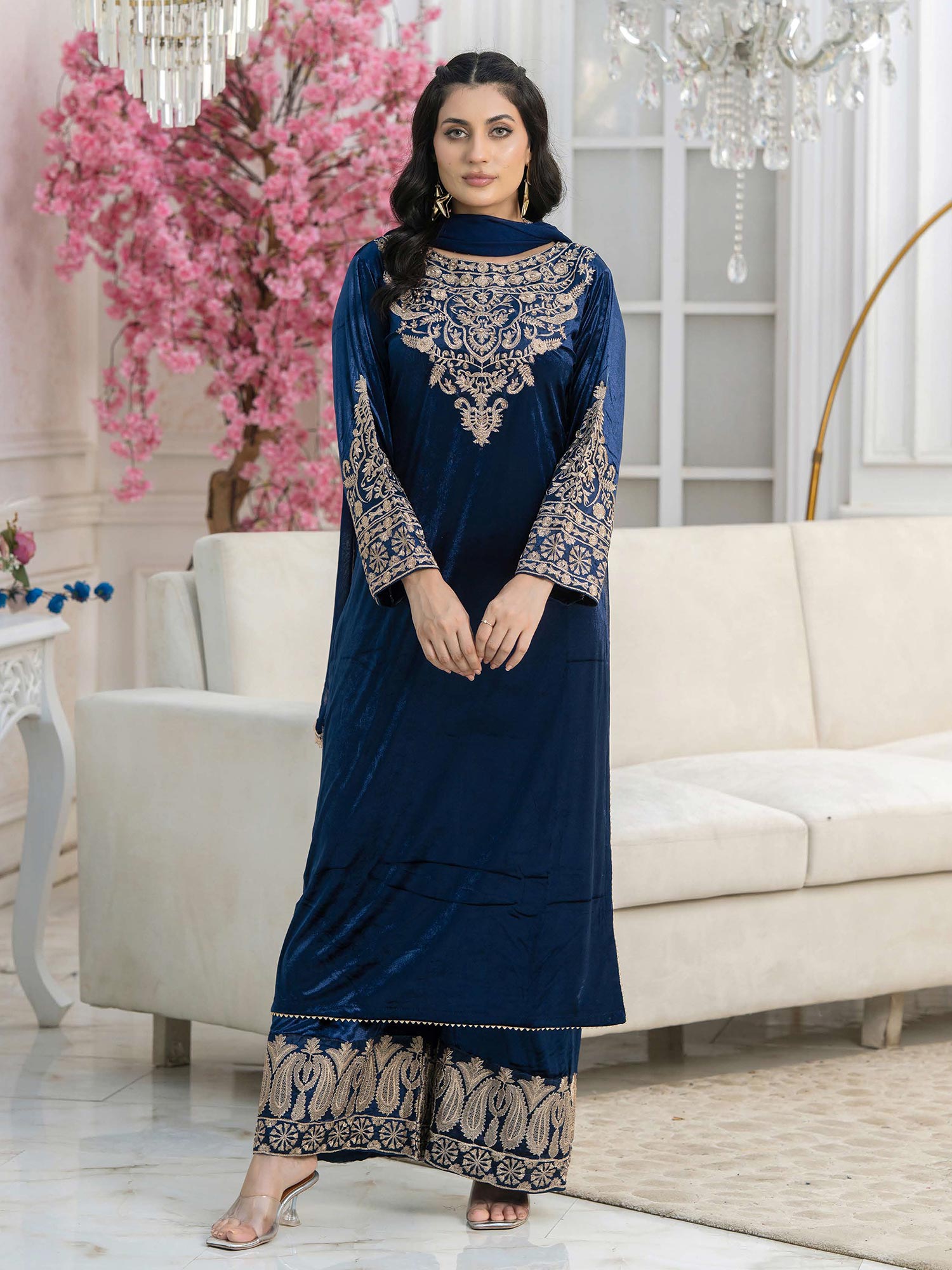Rangz "Filhaal" Velvet Embroidered 3-Piece Suit - Blue