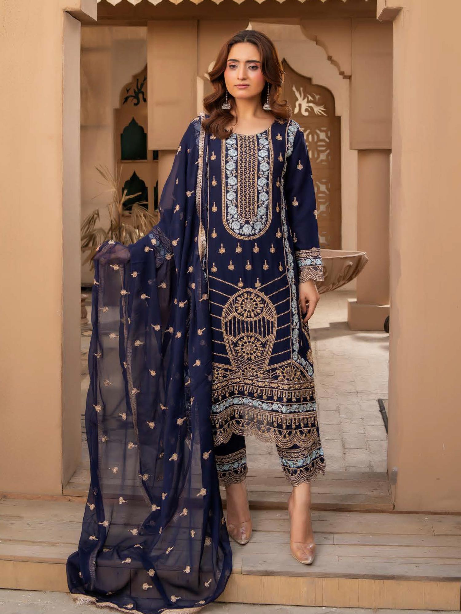 Rangz Chiffon Mother-Daughter Embroidered 3-Piece Suit - Navy Blue