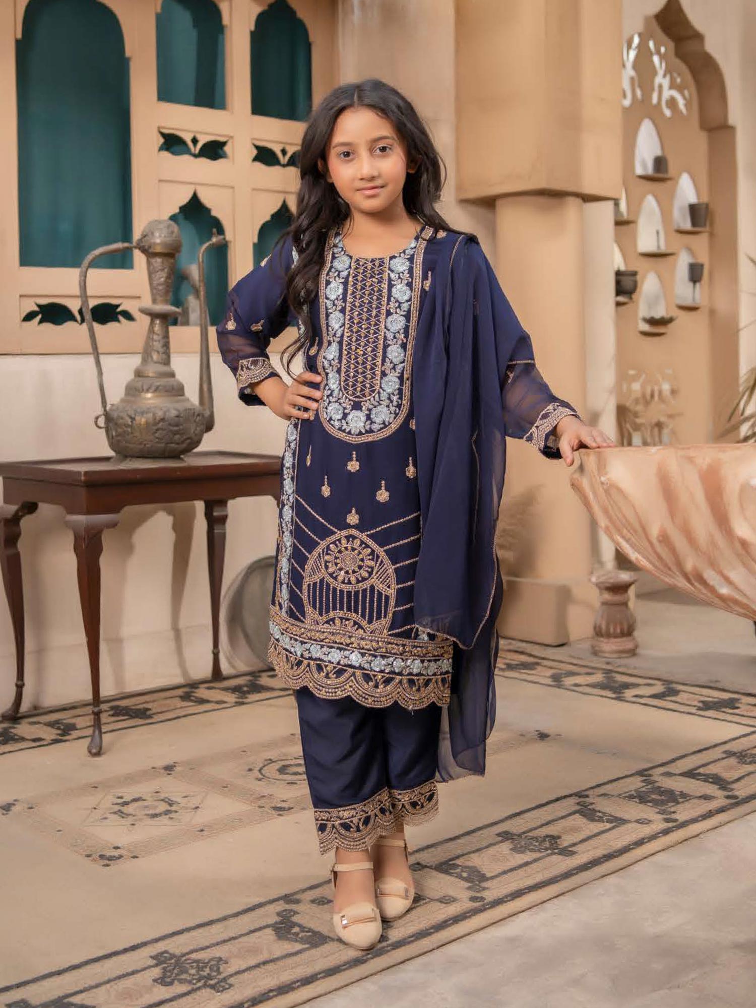 Rangz Chiffon Mother-Daughter Embroidered 3-Piece Suit - Navy Blue
