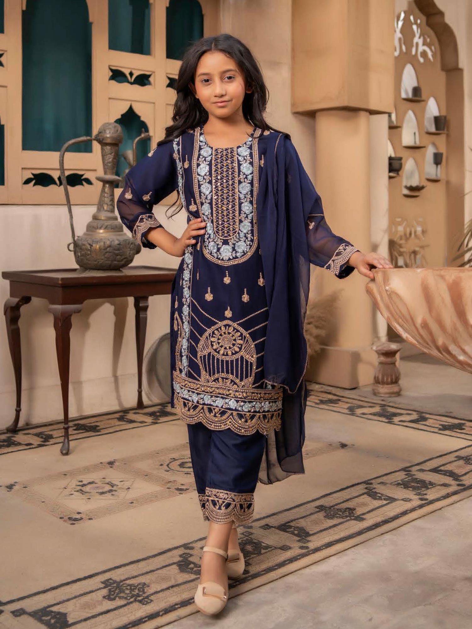 Rangz Chiffon Mother-Daughter Embroidered 3-Piece Suit - Navy Blue