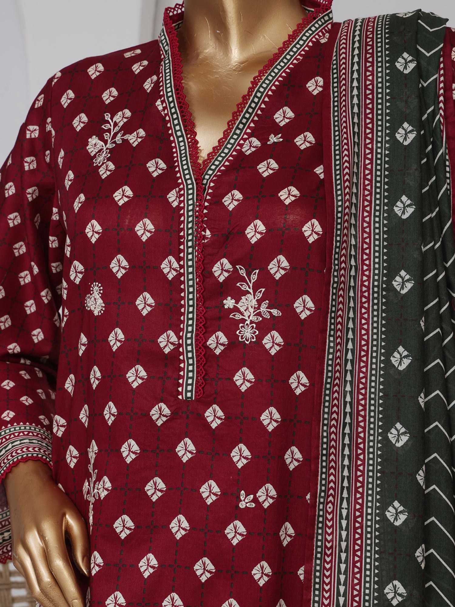 Bin Saeed Embroidered Premium Lawn 3-Piece Suit - Dark Red