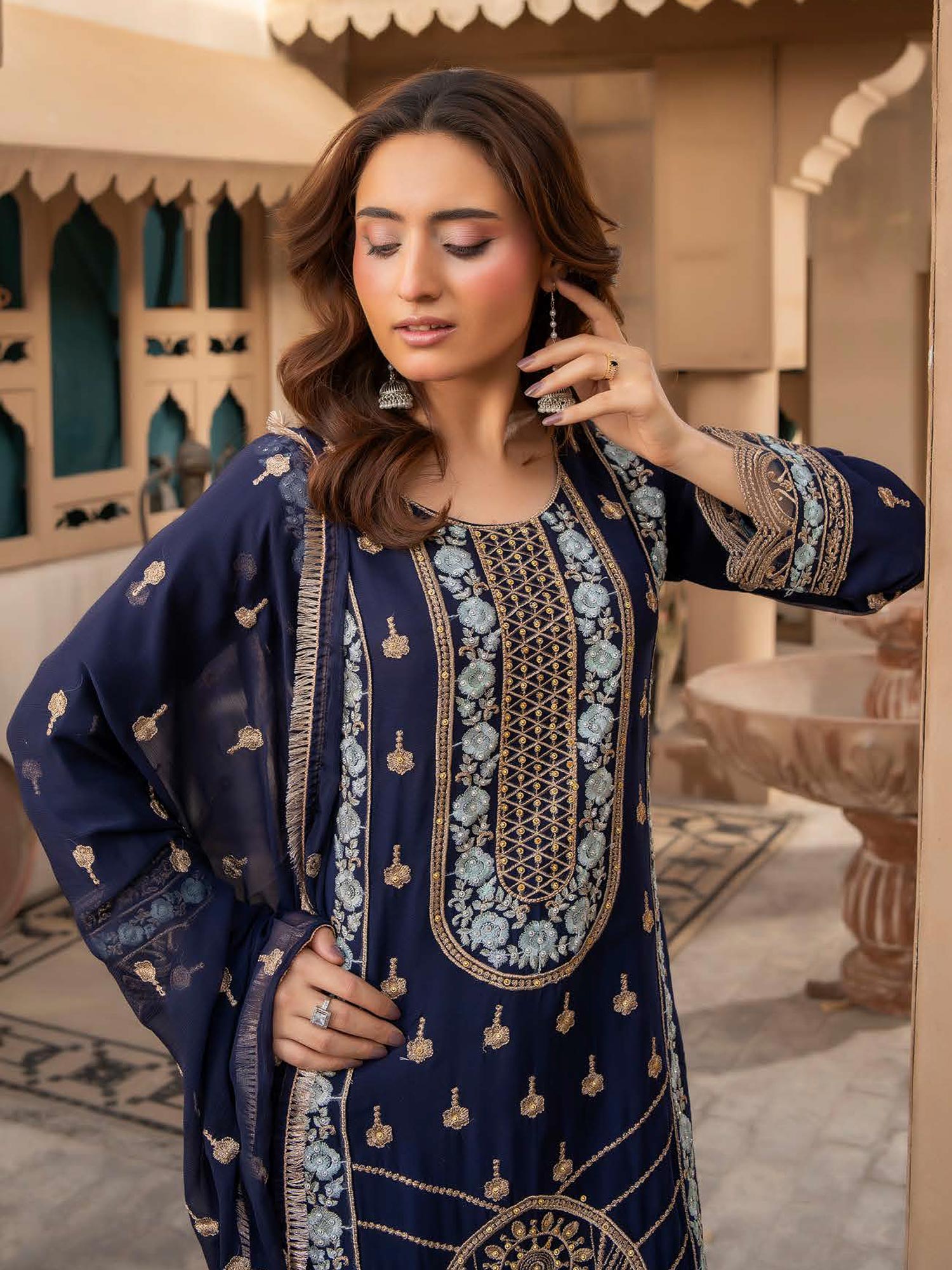 Rangz Chiffon Mother-Daughter Embroidered 3-Piece Suit - Navy Blue