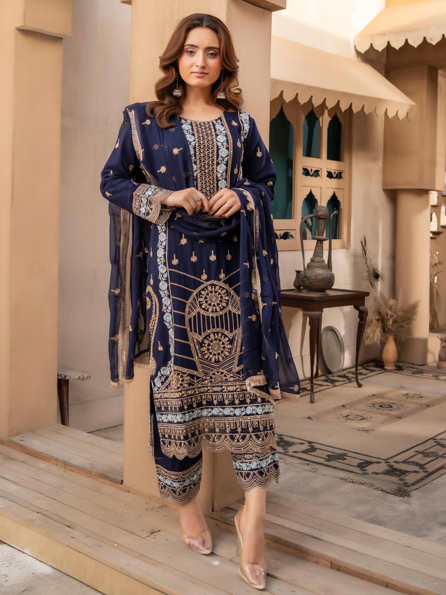 Rangz Chiffon Mother-Daughter Embroidered 3-Piece Suit - Navy Blue