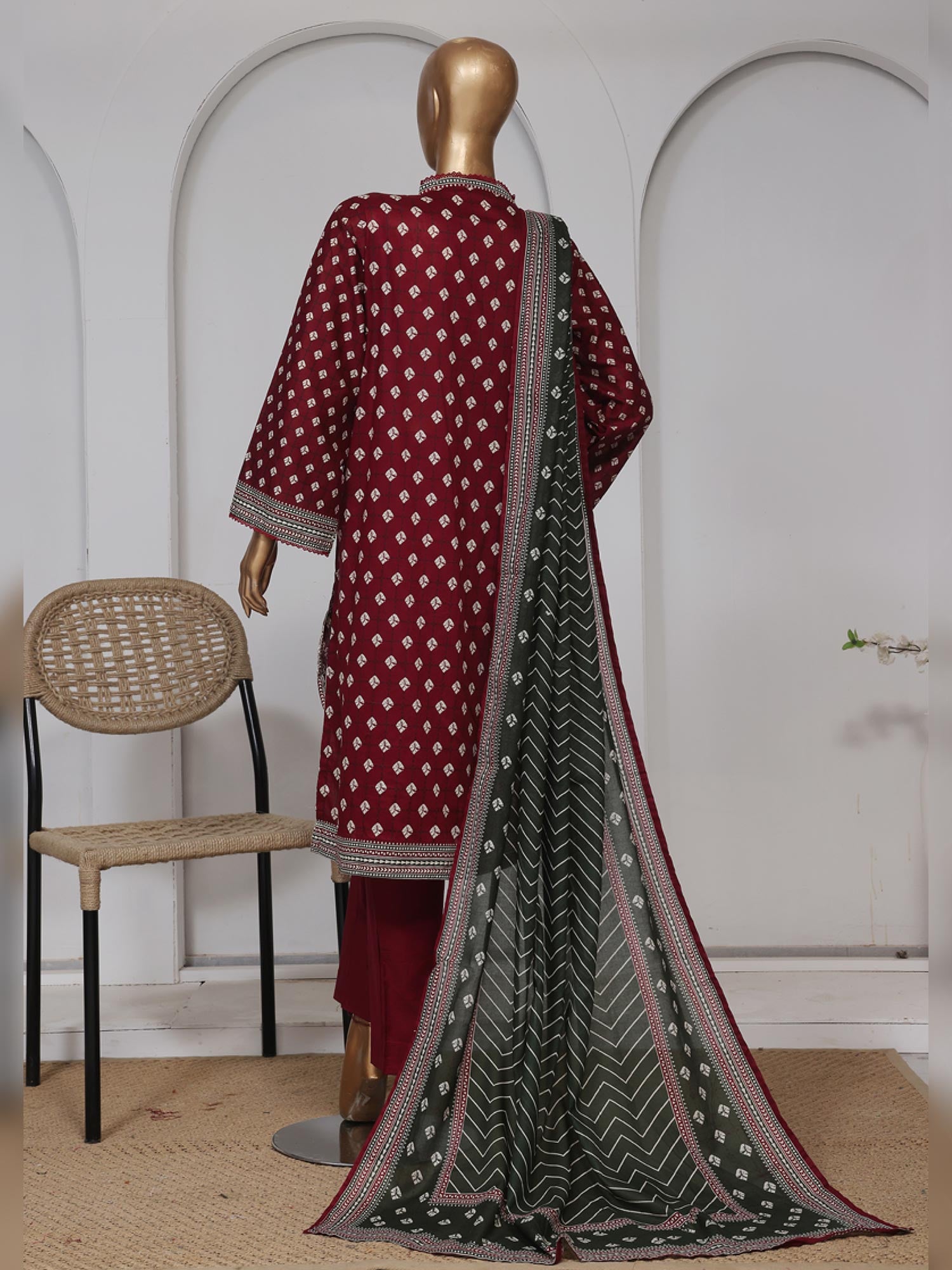 Bin Saeed Embroidered Premium Lawn 3-Piece Suit - Dark Red
