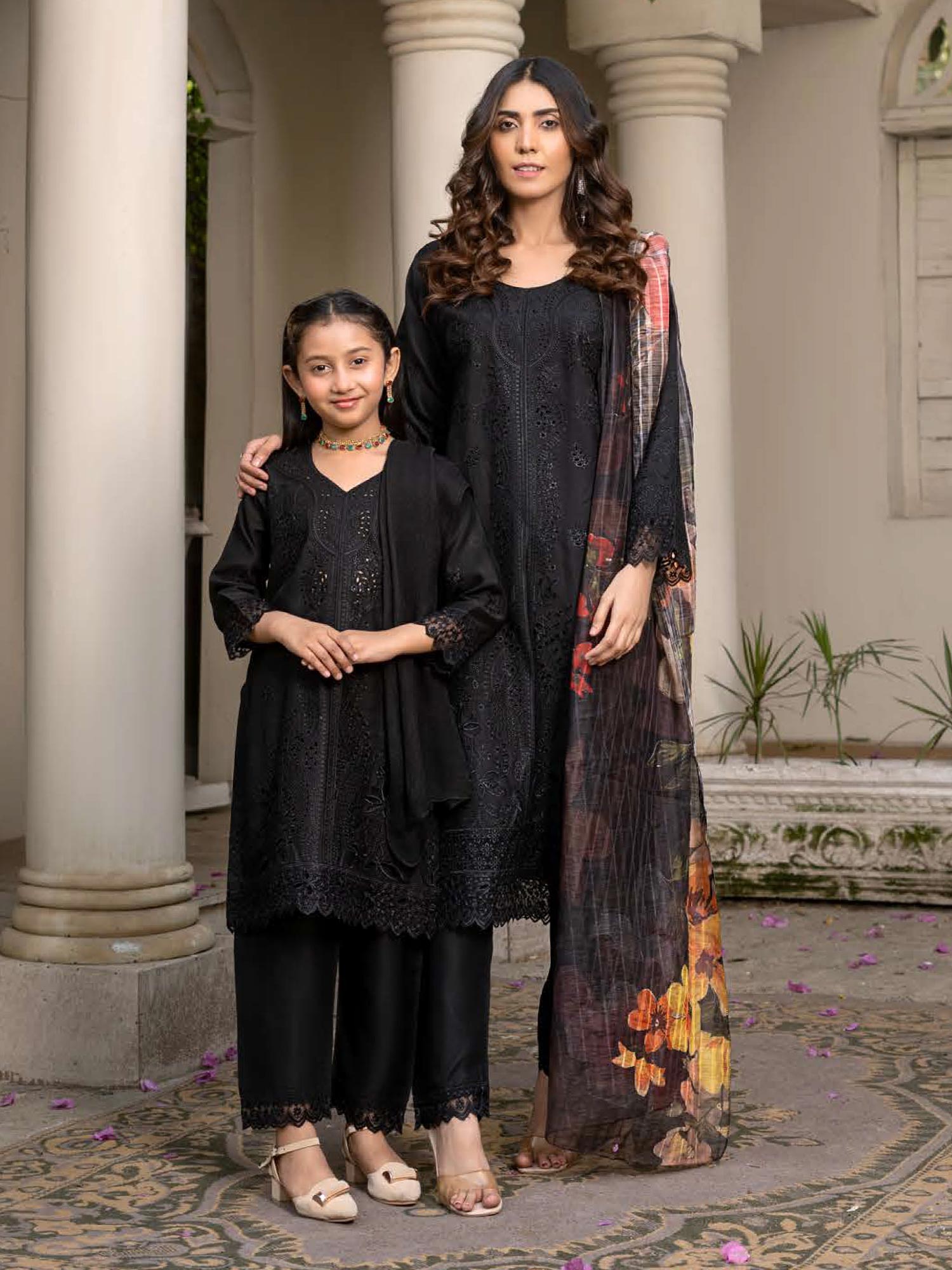 Rangz Chikankari Mother-Daughter 3-Piece Suit - Black