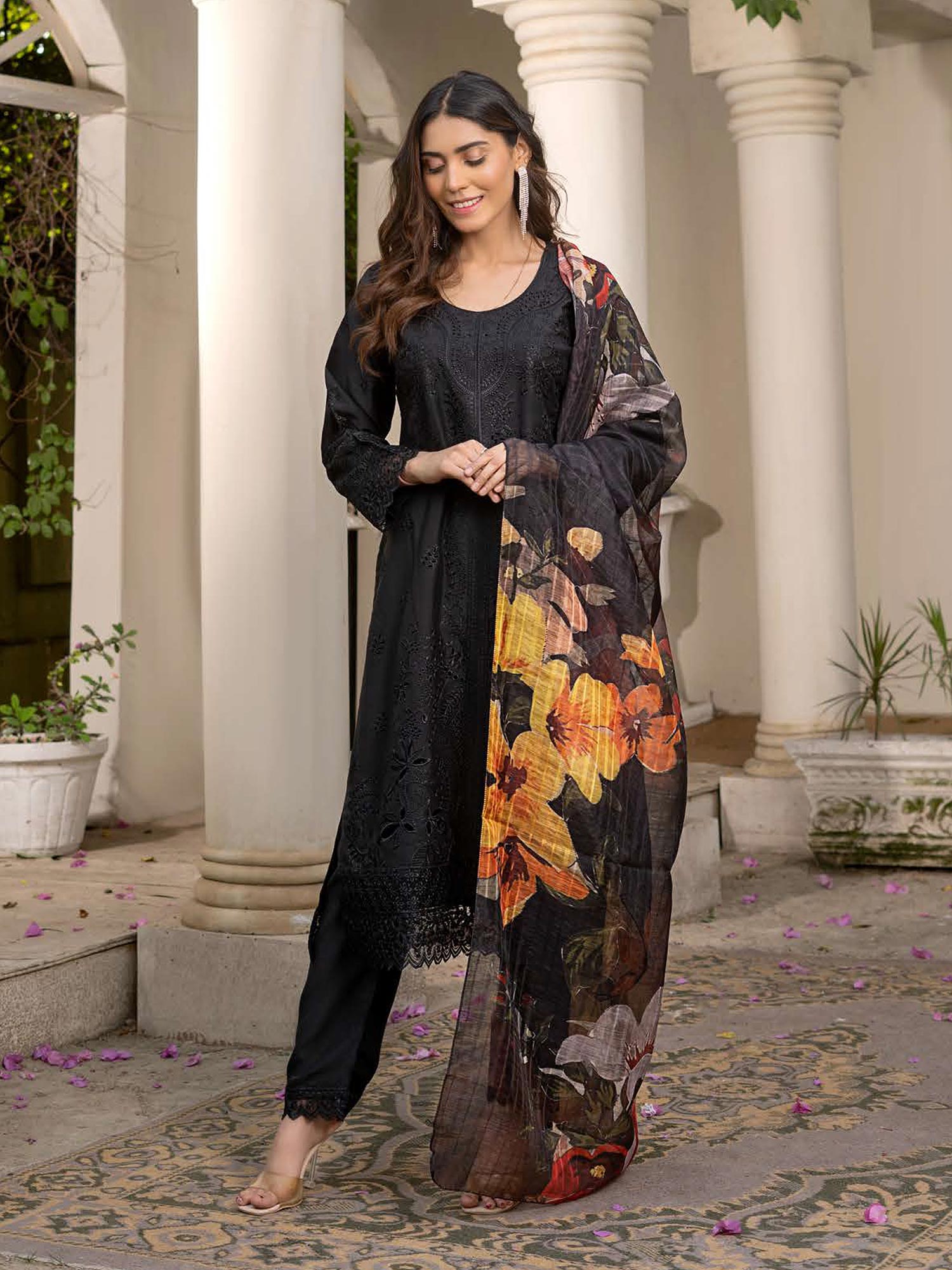 Rangz Chikankari Mother-Daughter 3-Piece Suit - Black