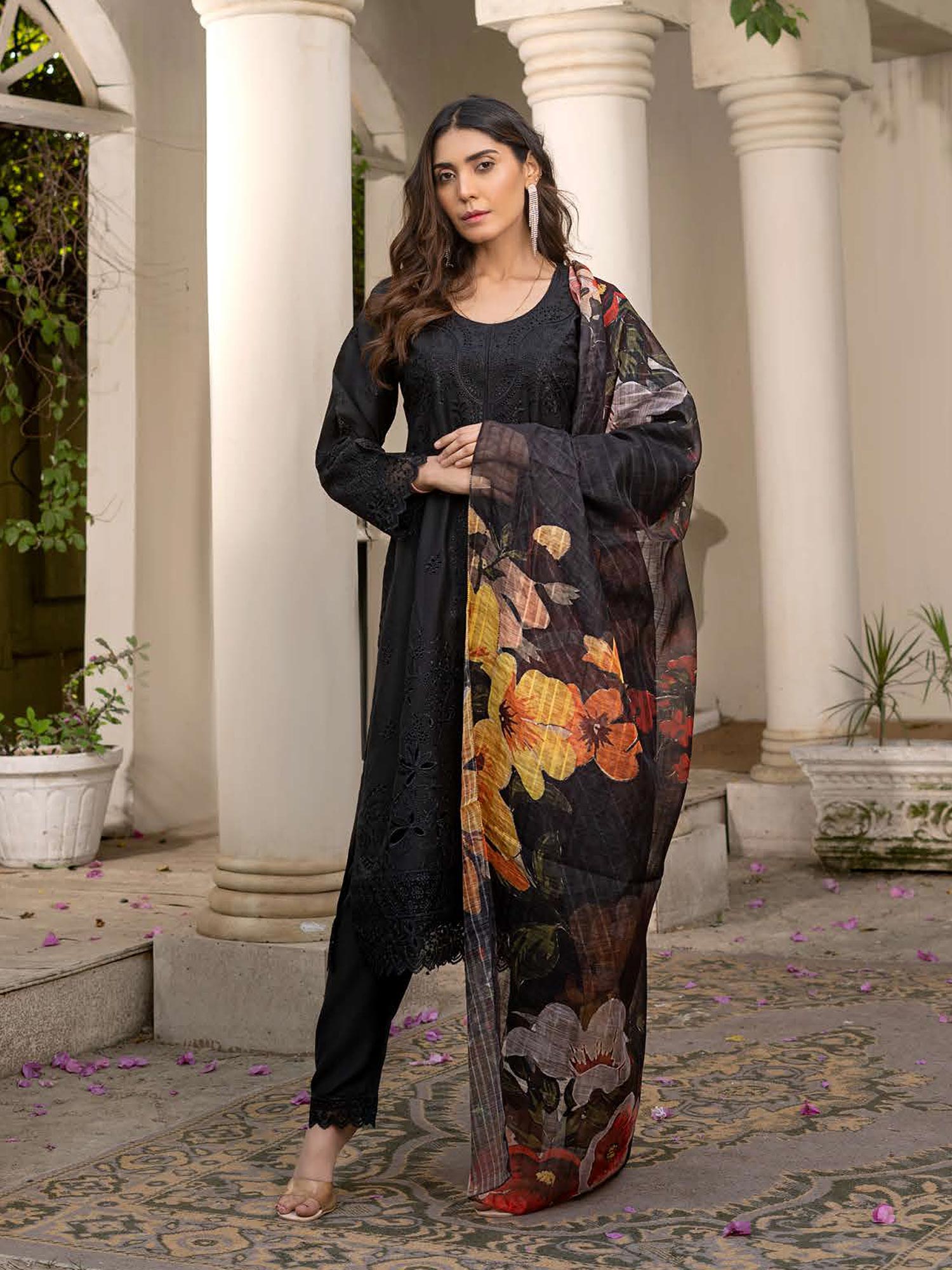 Rangz Chikankari Mother-Daughter 3-Piece Suit - Black