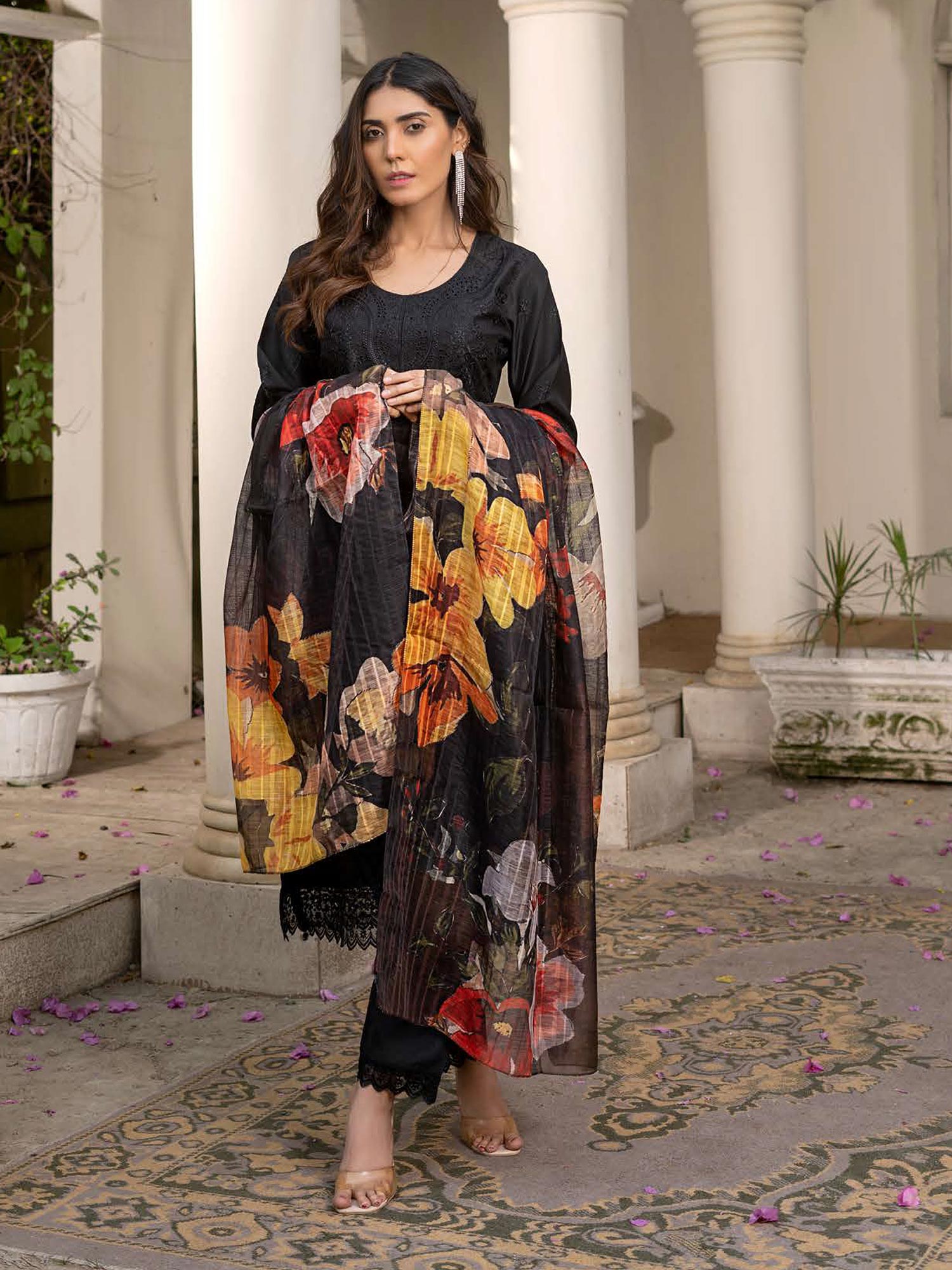 Rangz Chikankari Mother-Daughter 3-Piece Suit - Black