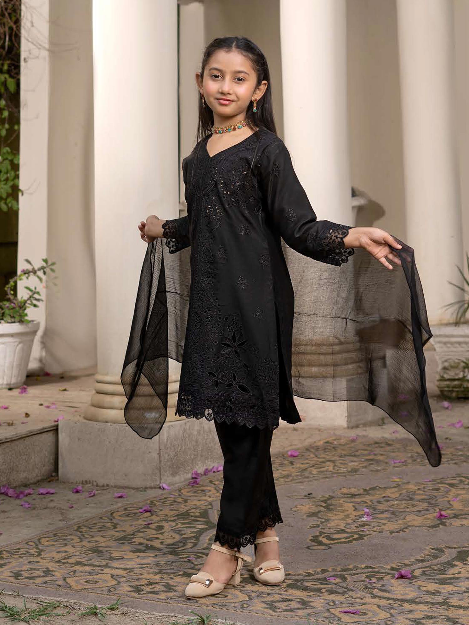 Rangz Chikankari Mother-Daughter 3-Piece Suit - Black