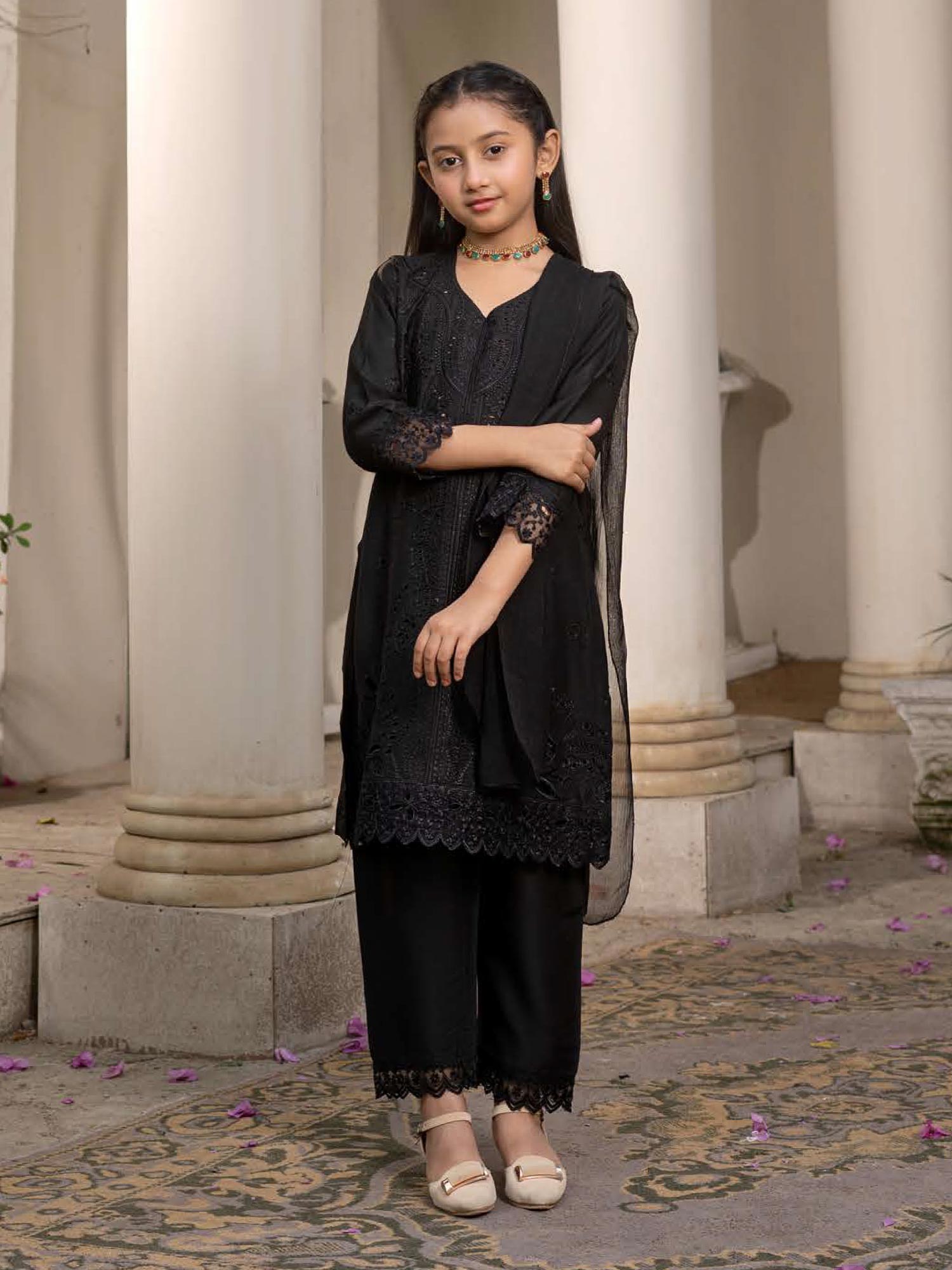 Rangz Chikankari Mother-Daughter 3-Piece Suit - Black
