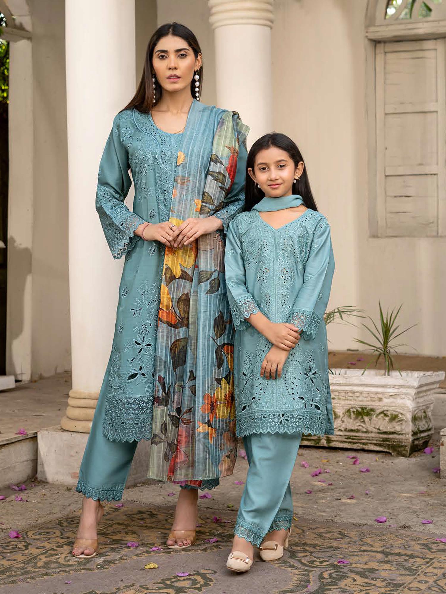Rangz Chikankari Mother-Daughter 3-Piece Suit - Aqua Blue