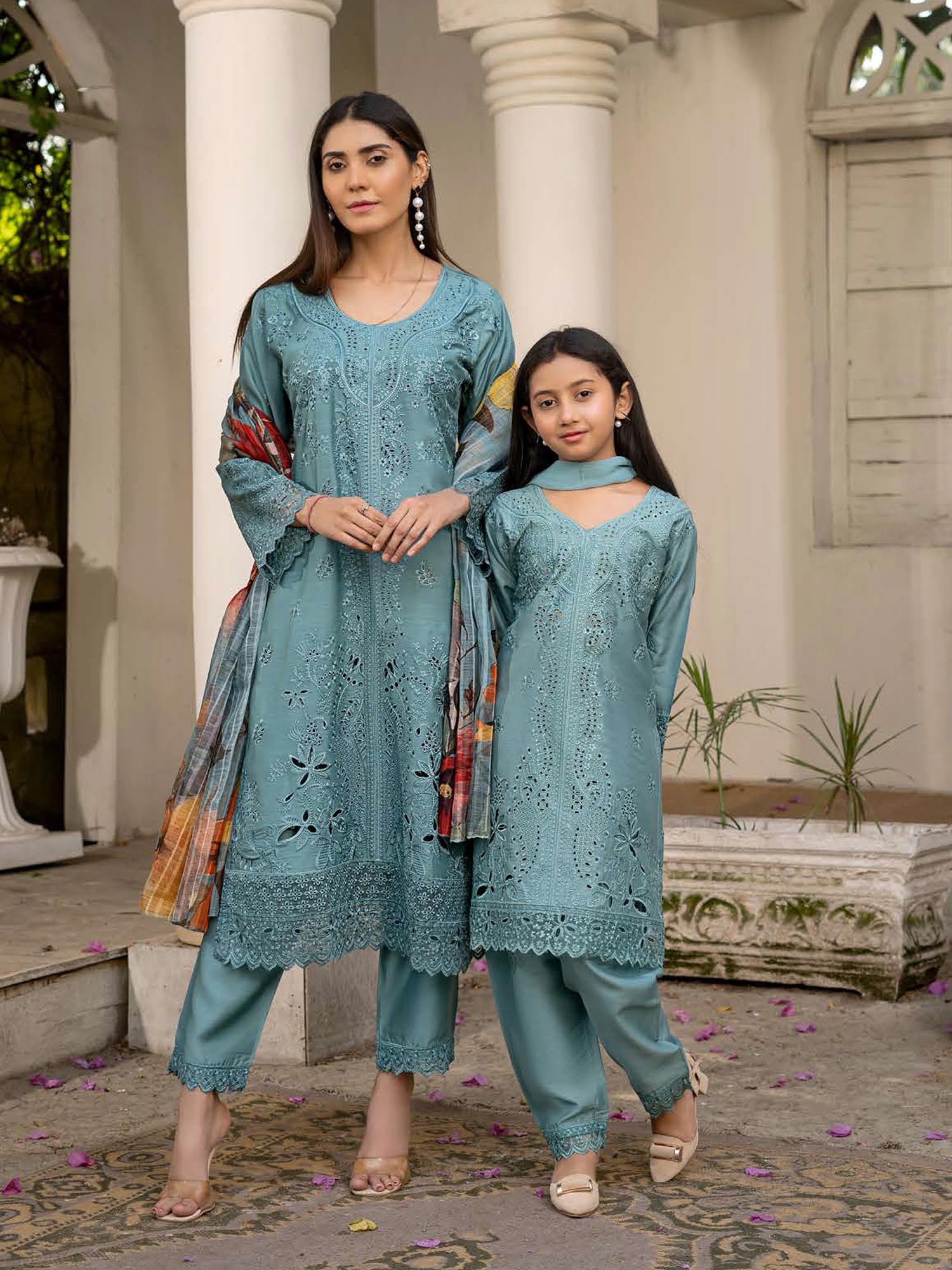 Rangz Chikankari Mother-Daughter 3-Piece Suit - Aqua Blue