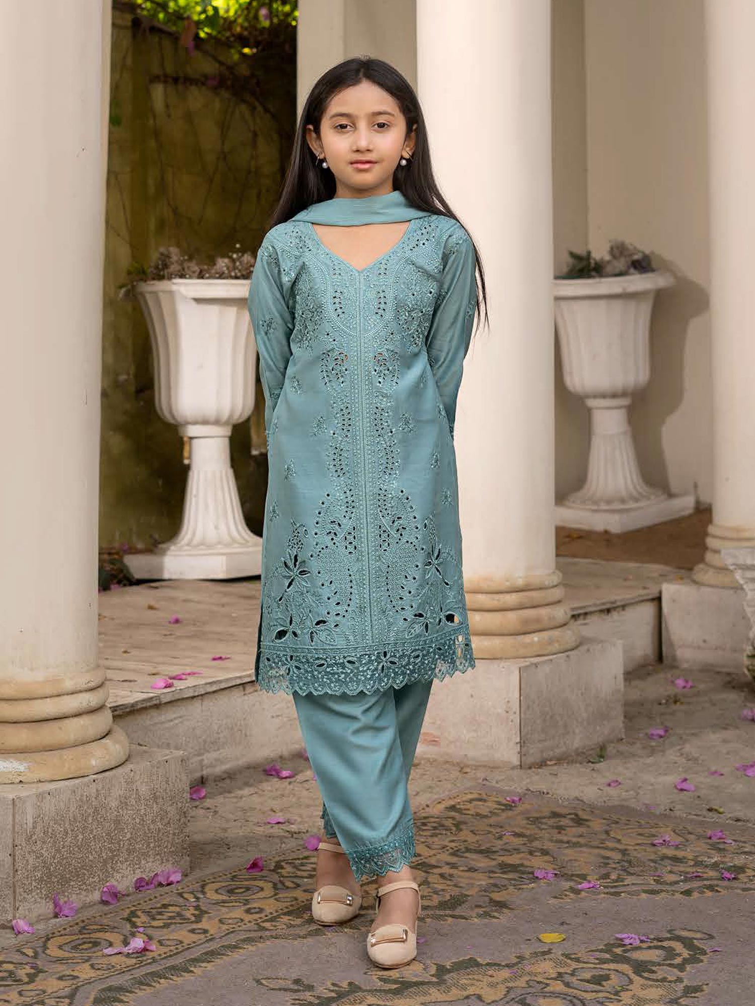 Rangz Chikankari Mother-Daughter 3-Piece Suit - Aqua Blue