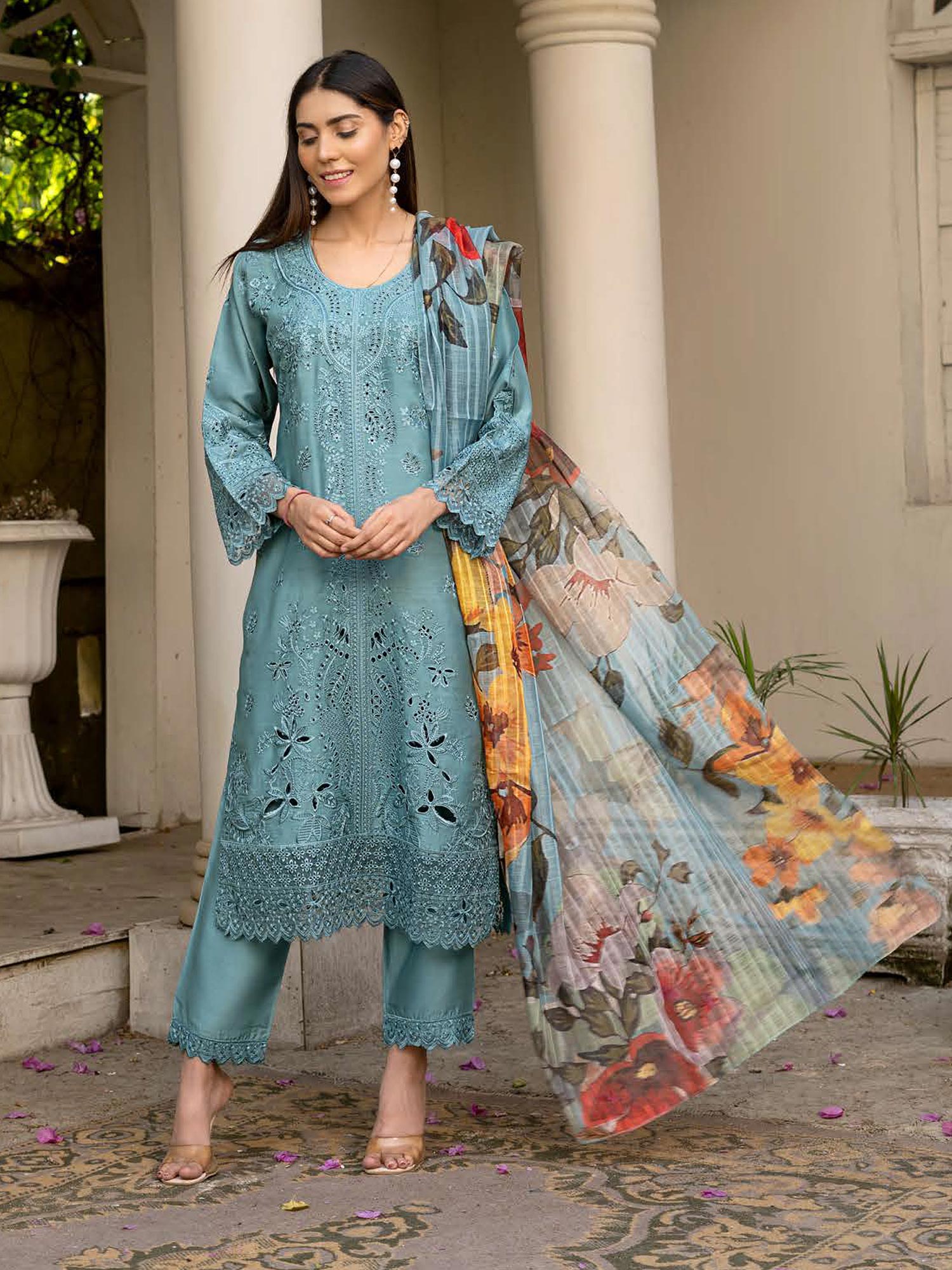 Rangz Chikankari Mother-Daughter 3-Piece Suit - Aqua Blue