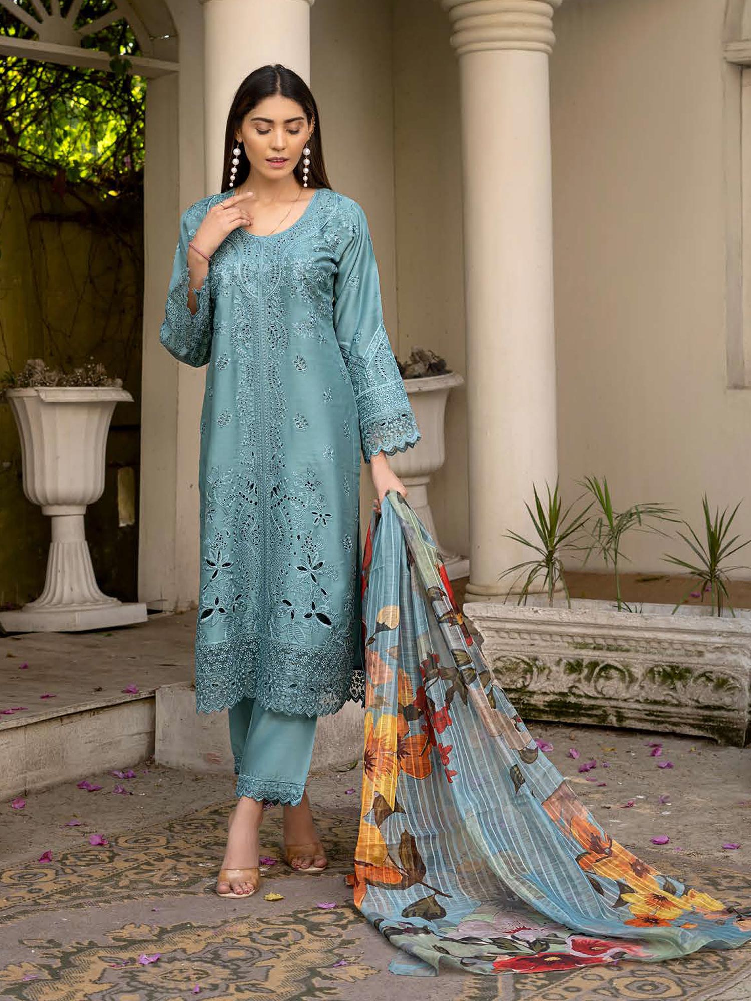 Rangz Chikankari Mother-Daughter 3-Piece Suit - Aqua Blue