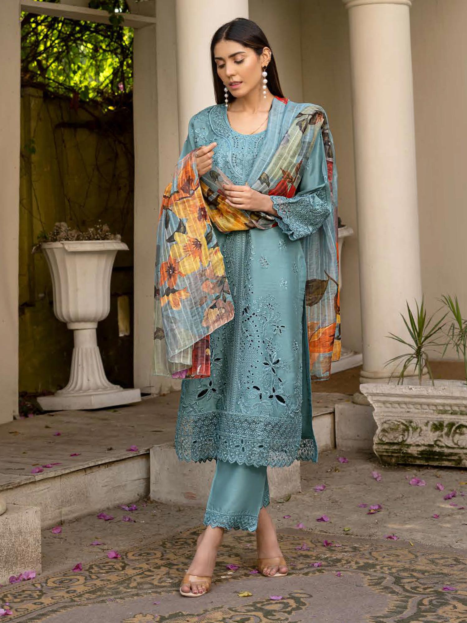 Rangz Chikankari Mother-Daughter 3-Piece Suit - Aqua Blue