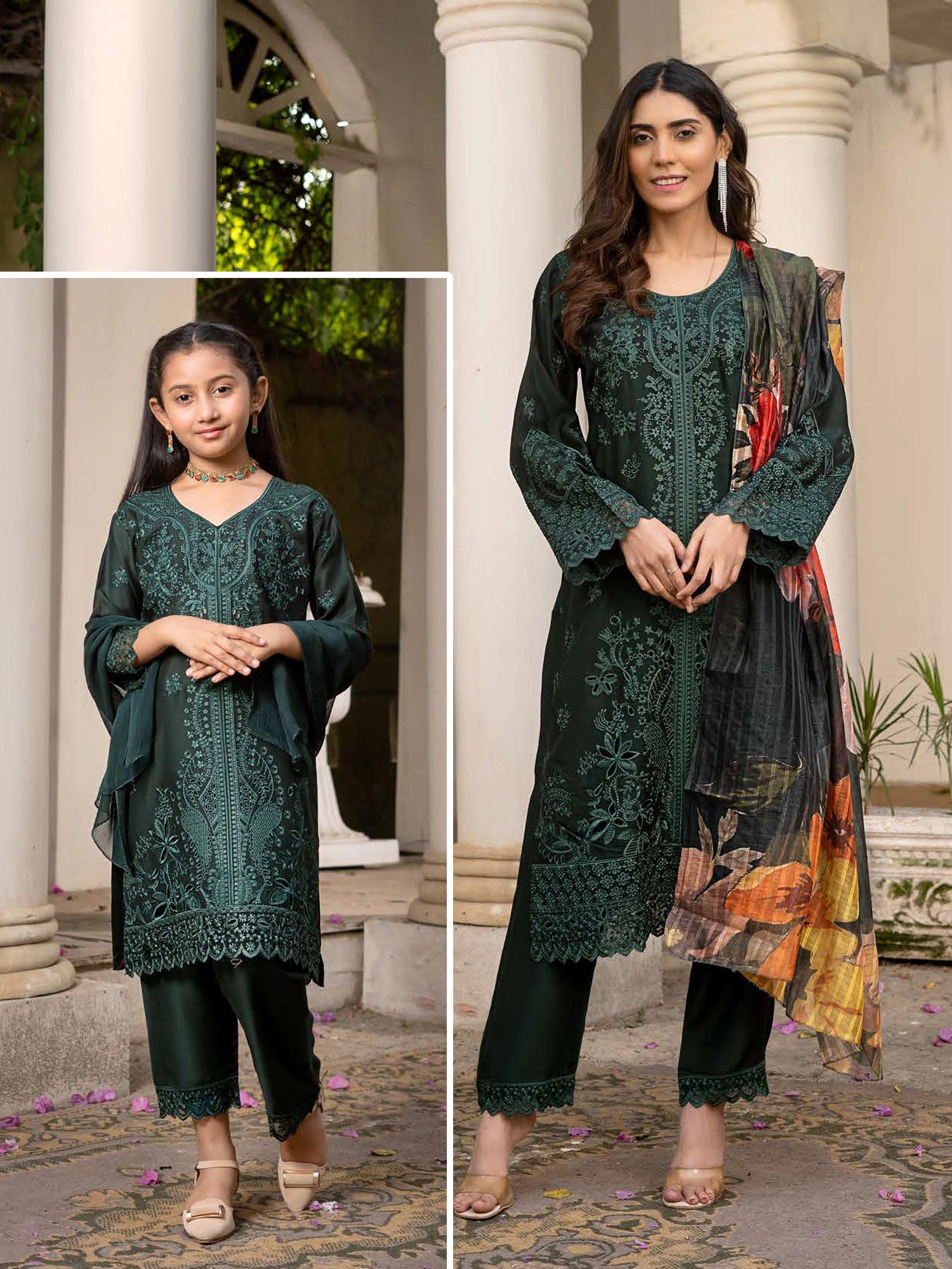 Rangz Chikankari Mother-Daughter 3-Piece Suit - Green