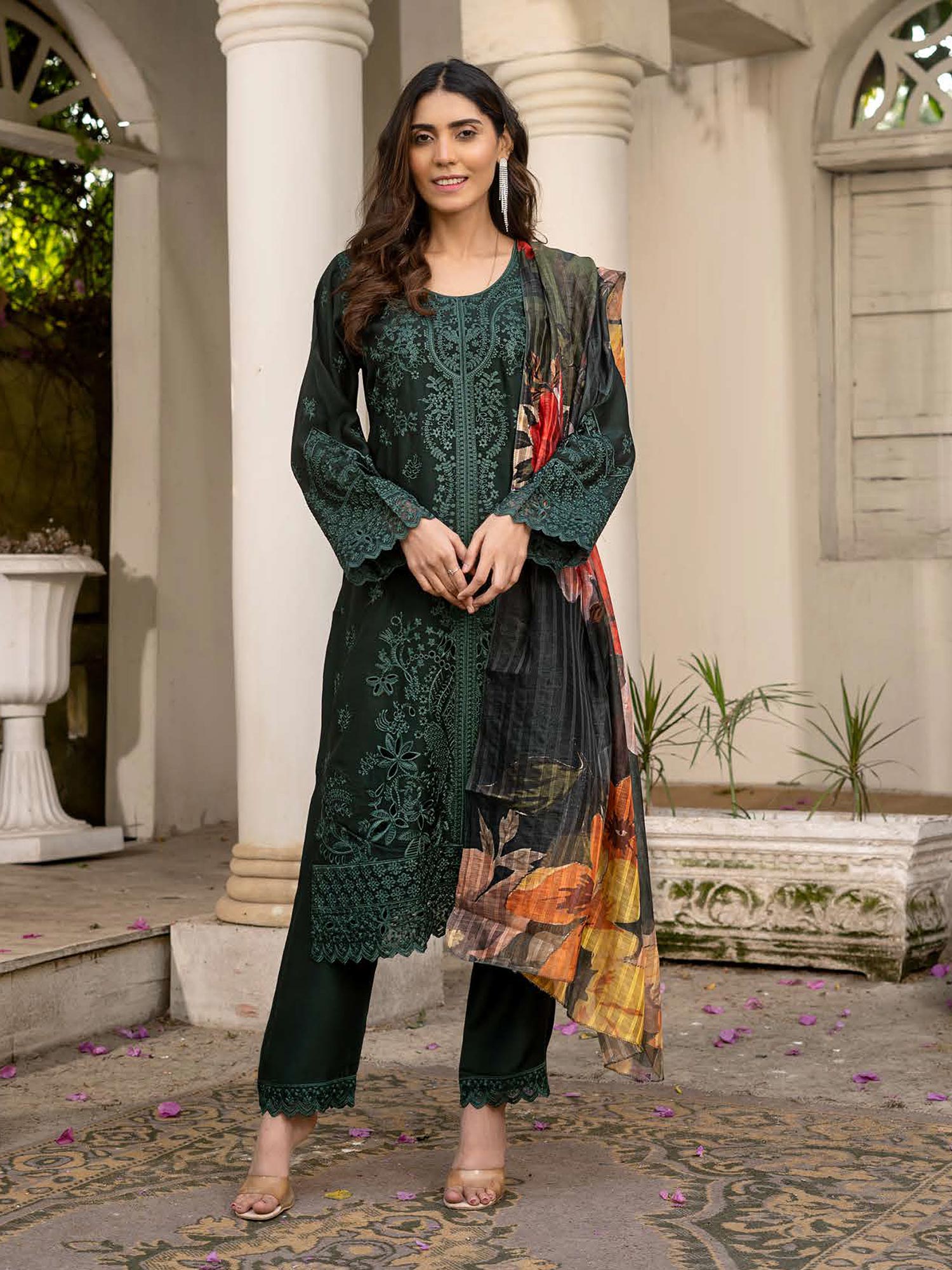Rangz Chikankari Mother-Daughter 3-Piece Suit - Green