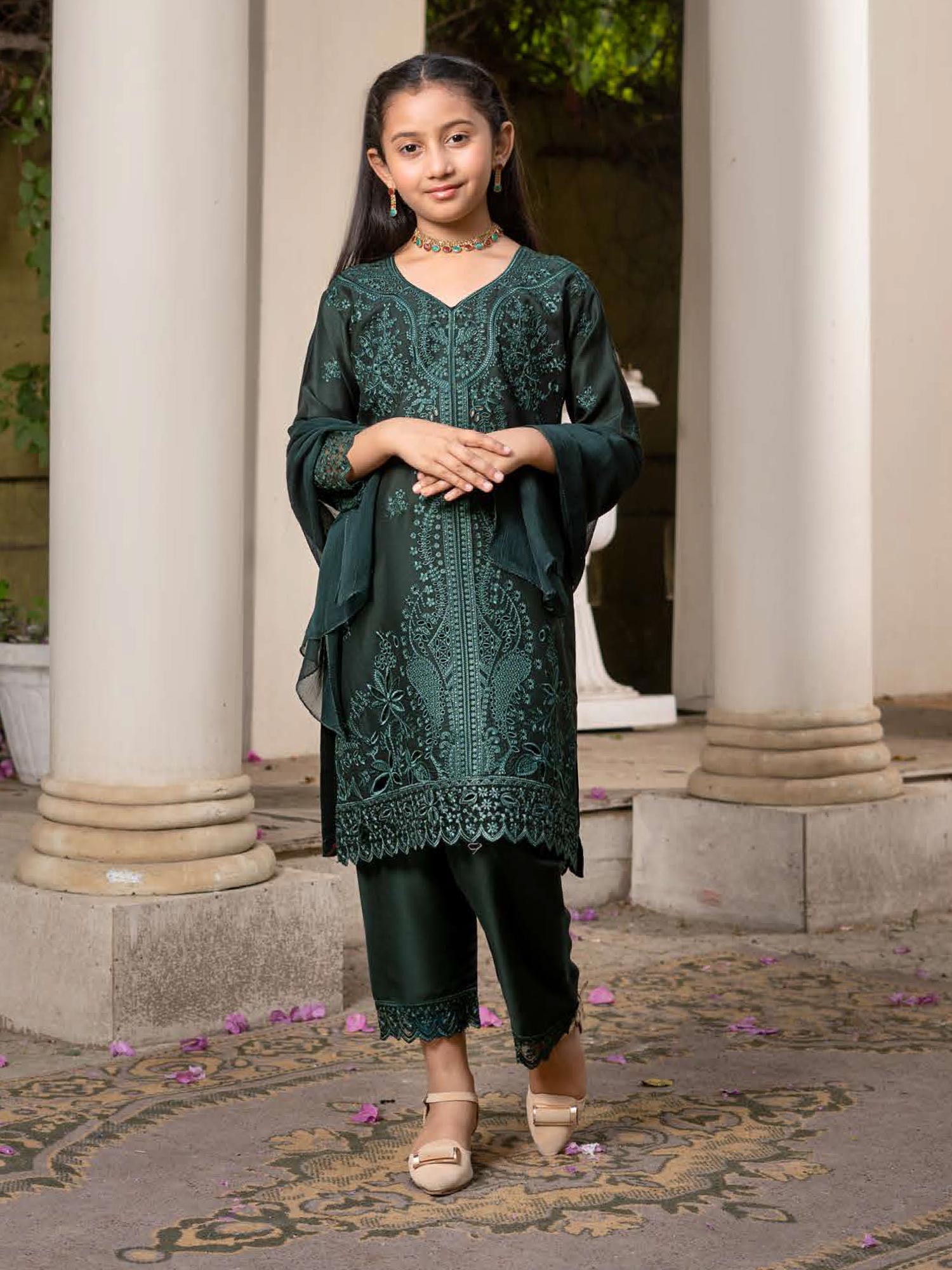 Rangz Chikankari Mother-Daughter 3-Piece Suit - Green