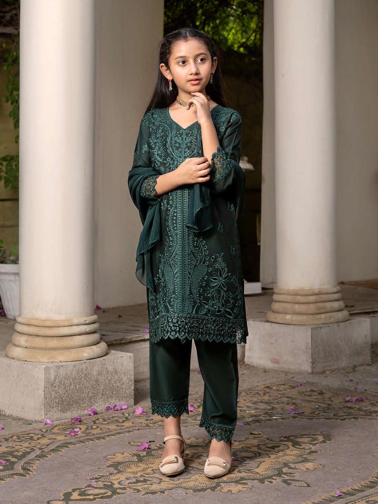 Rangz Chikankari Mother-Daughter 3-Piece Suit - Green
